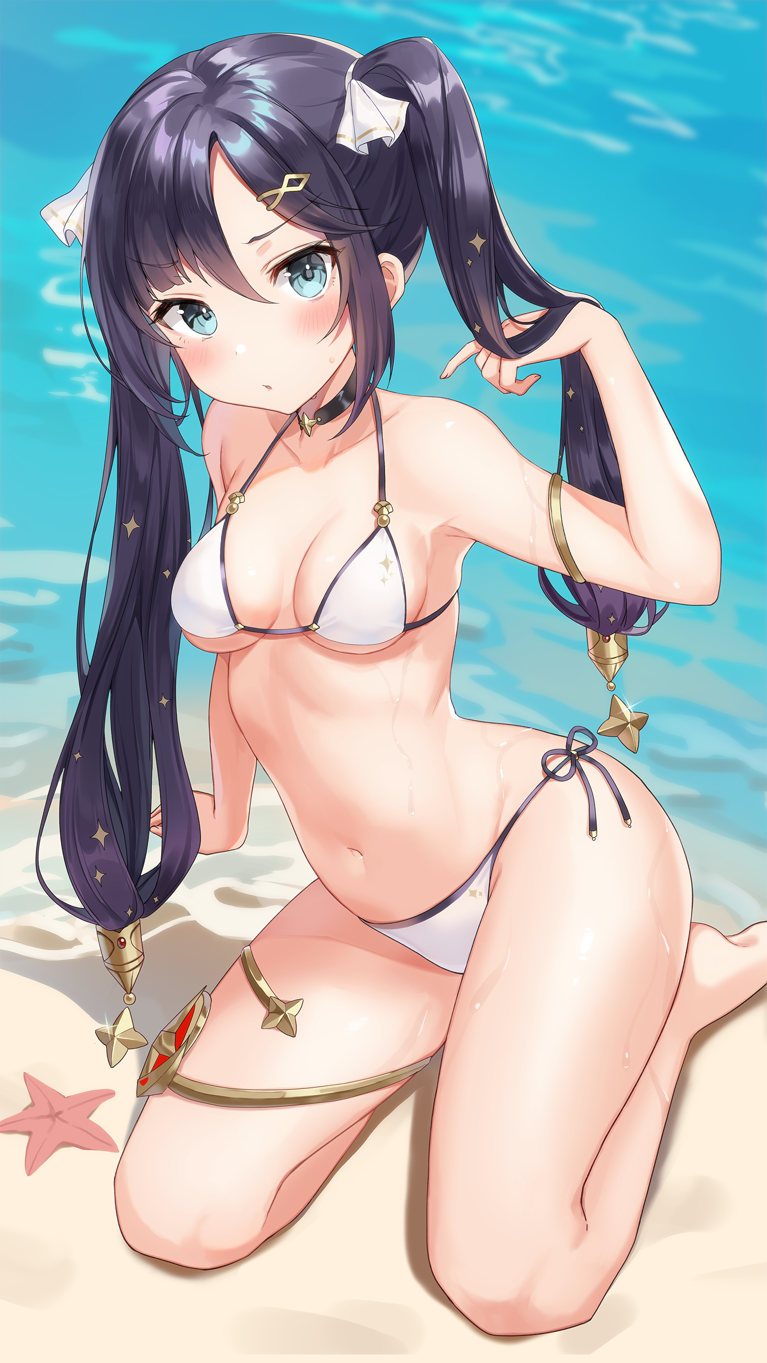 bikini garter genshin_impact mona_megistus pn_(wnsl216) swimsuits underboob wet