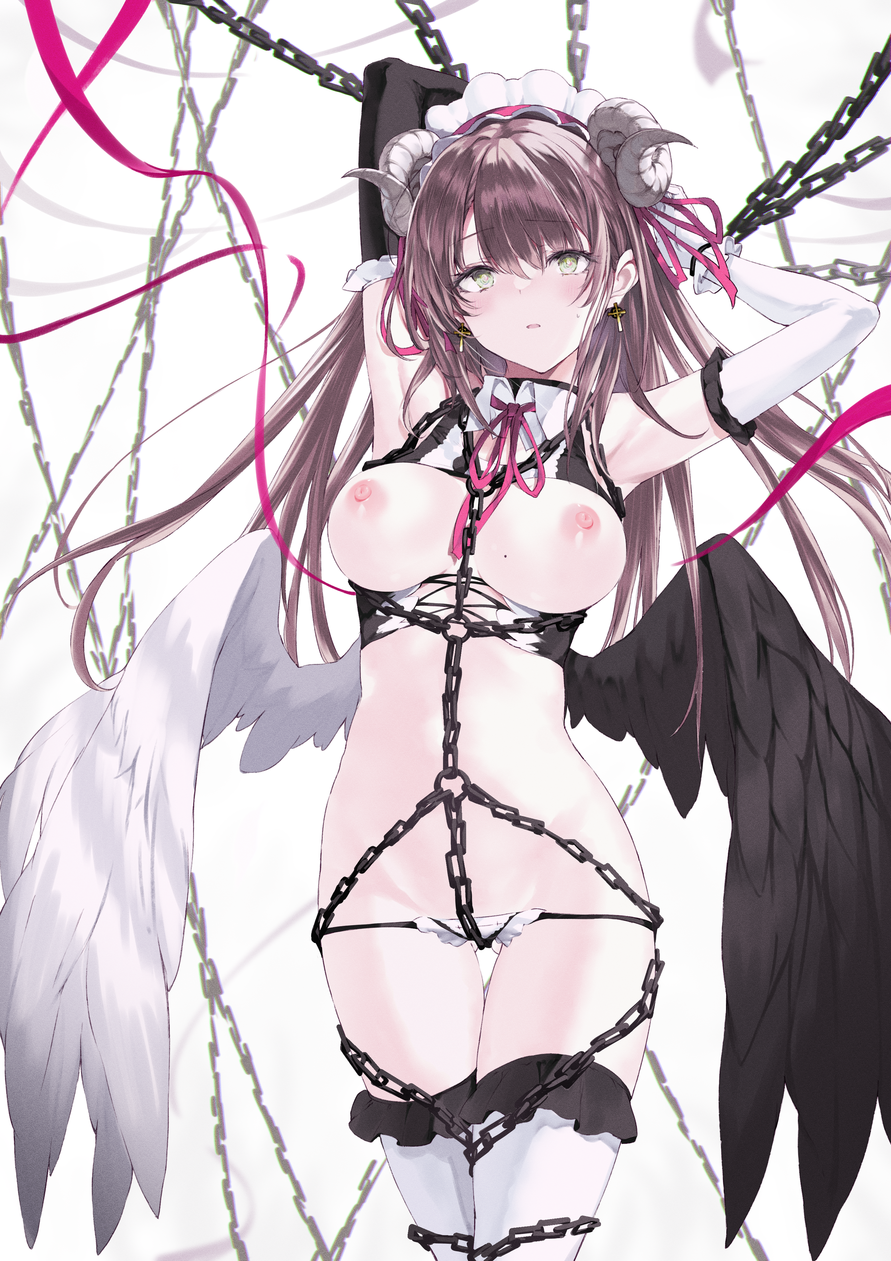 bondage breasts horns maid nana_(luna_berry) nipples no_bra pantsu panty_pull thighhighs wings