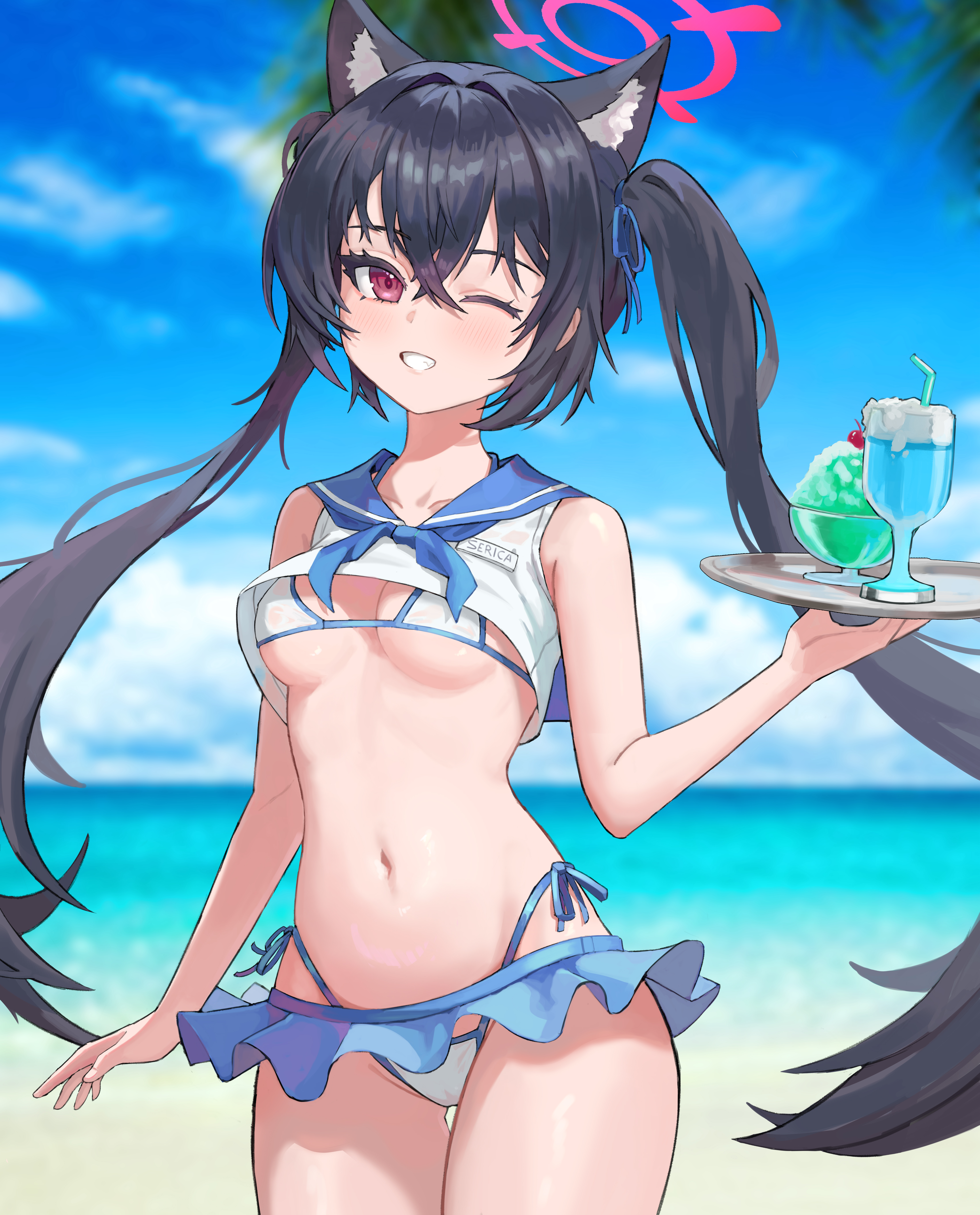 animal_ears bikini blue_archive halo juice_gukbap kuromi_serika nekomimi seifuku shirt_lift swimsuits