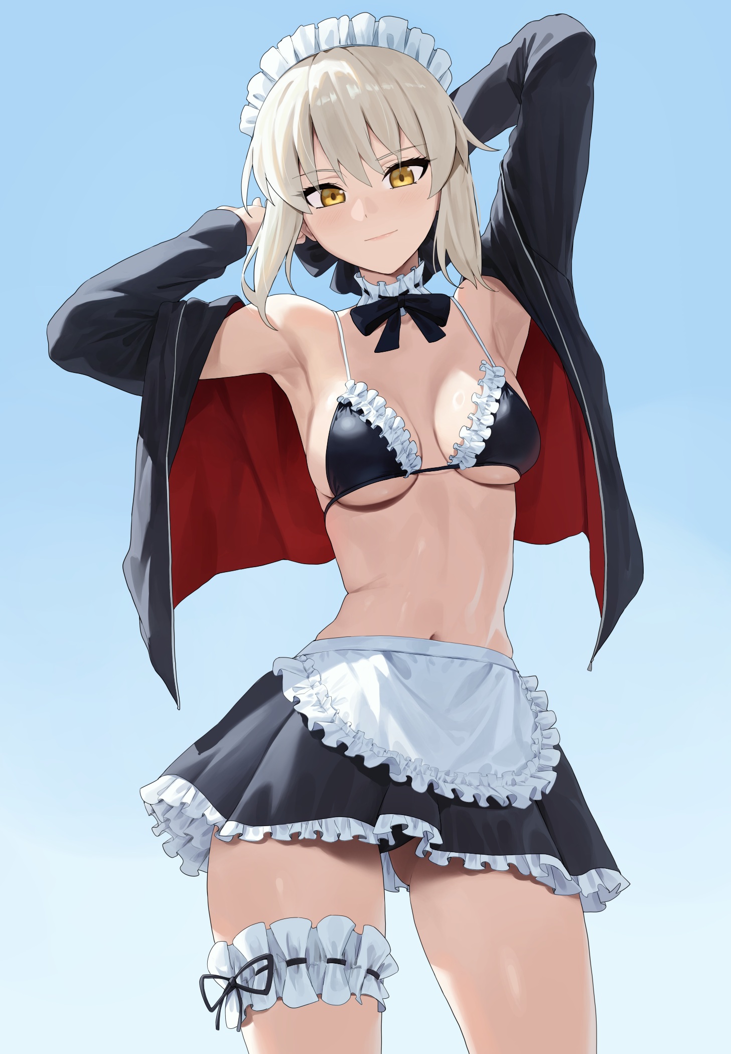 artoria_pendragon_(fate) artoria_pendragon_alter_(fate) bikini fate/grand_order garter maid open_shirt sarhce skirt_lift swimsuits