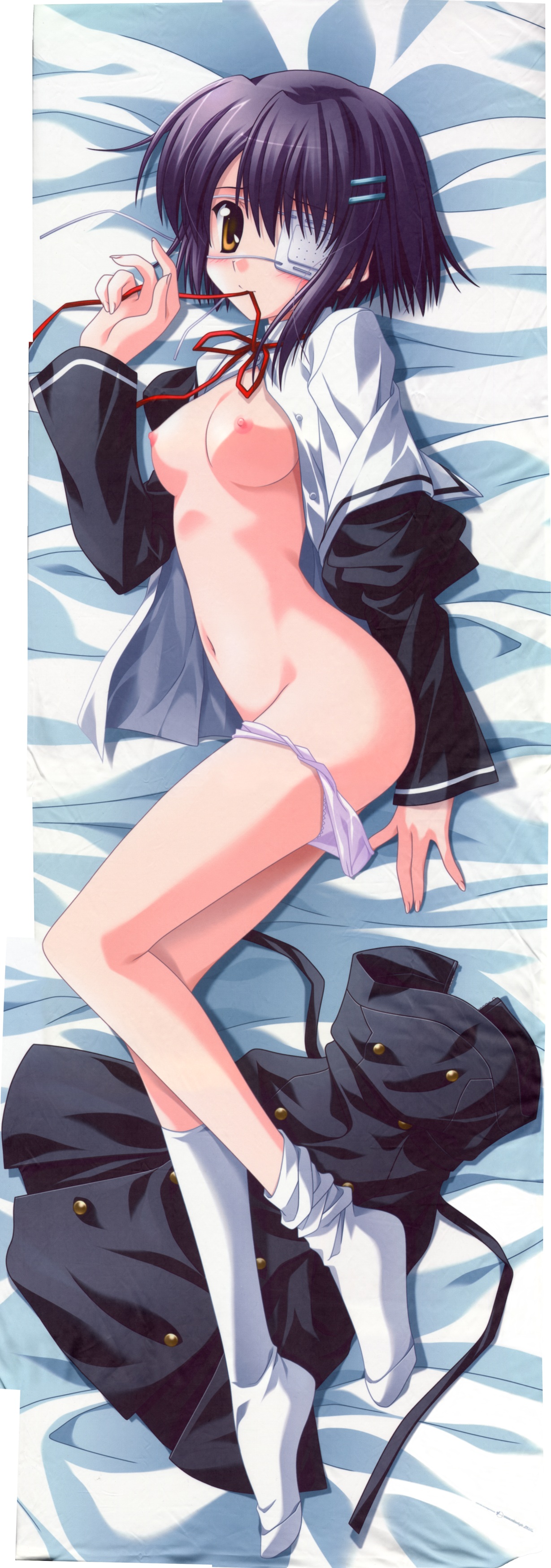 breasts dakimakura ef_~a_fairytale_of_the_two~ eyepatch nanao_naru nipples no_bra open_shirt panty_pull shindou_chihiro undressing