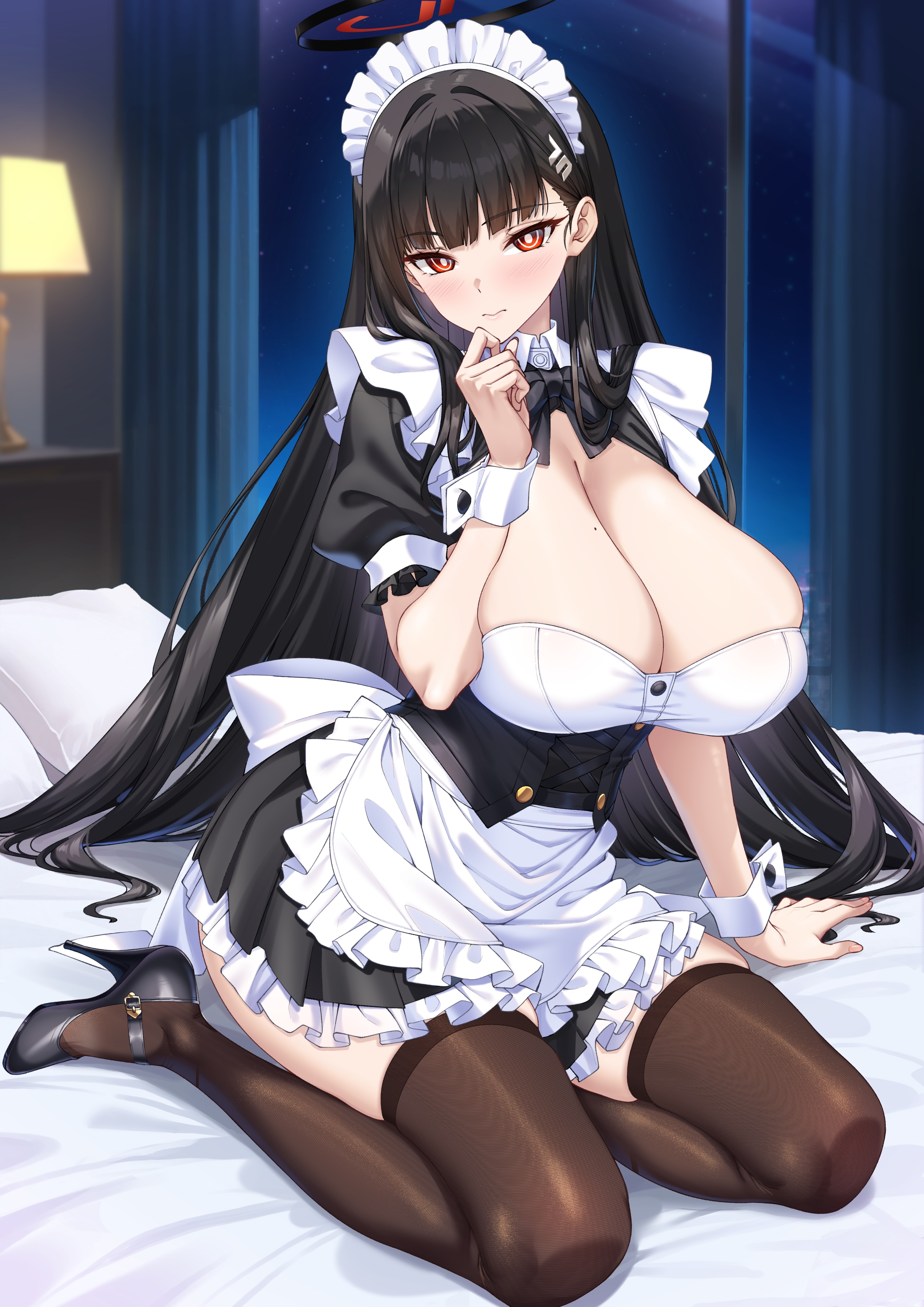 blue_archive halo heels maid merufena no_bra thighhighs tsukatsuki_rio