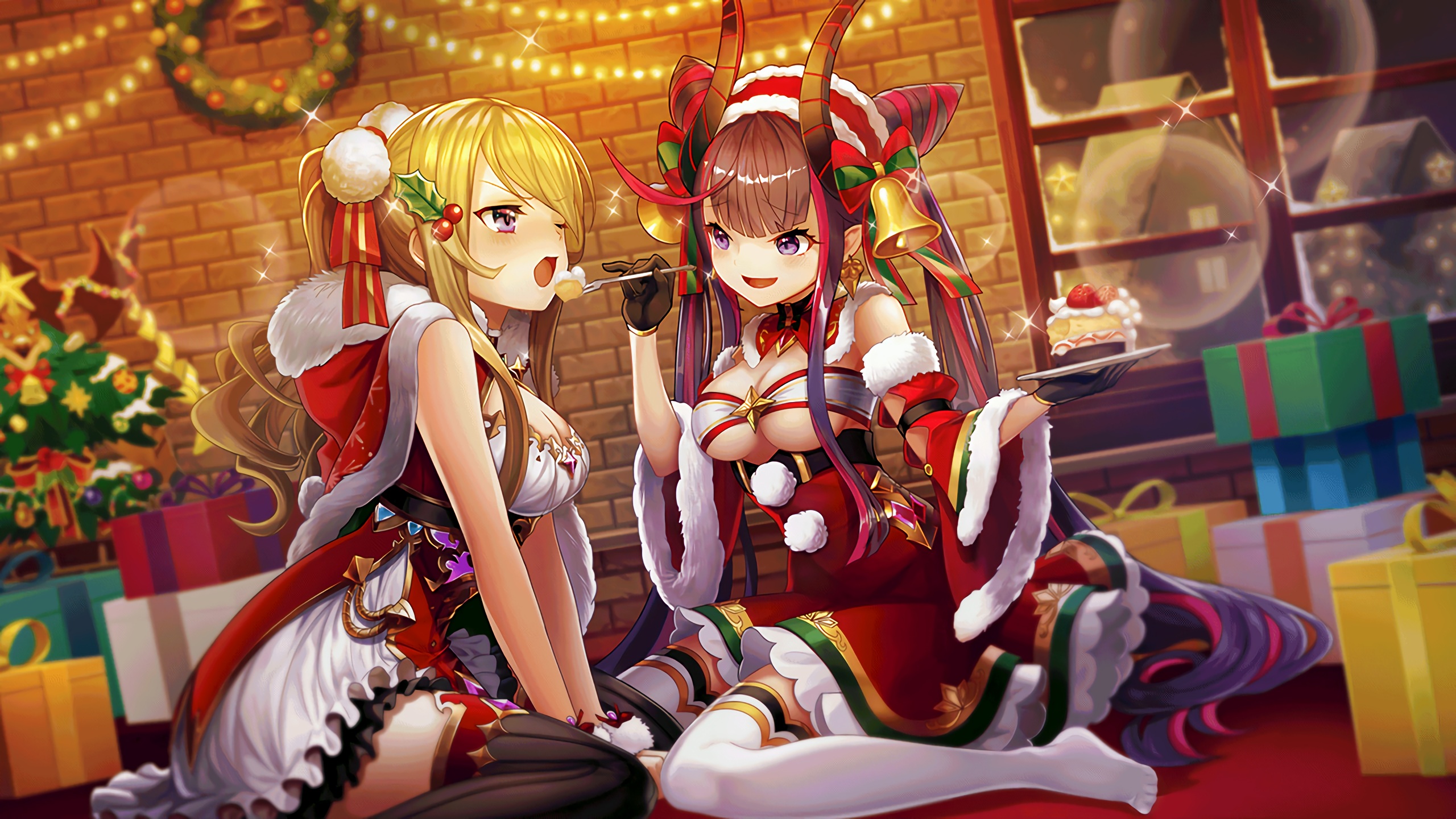 Valkyrie Connect Christmas Cleavage Dress Horns No Bra me Thighhighs Wallpaper Yande Re