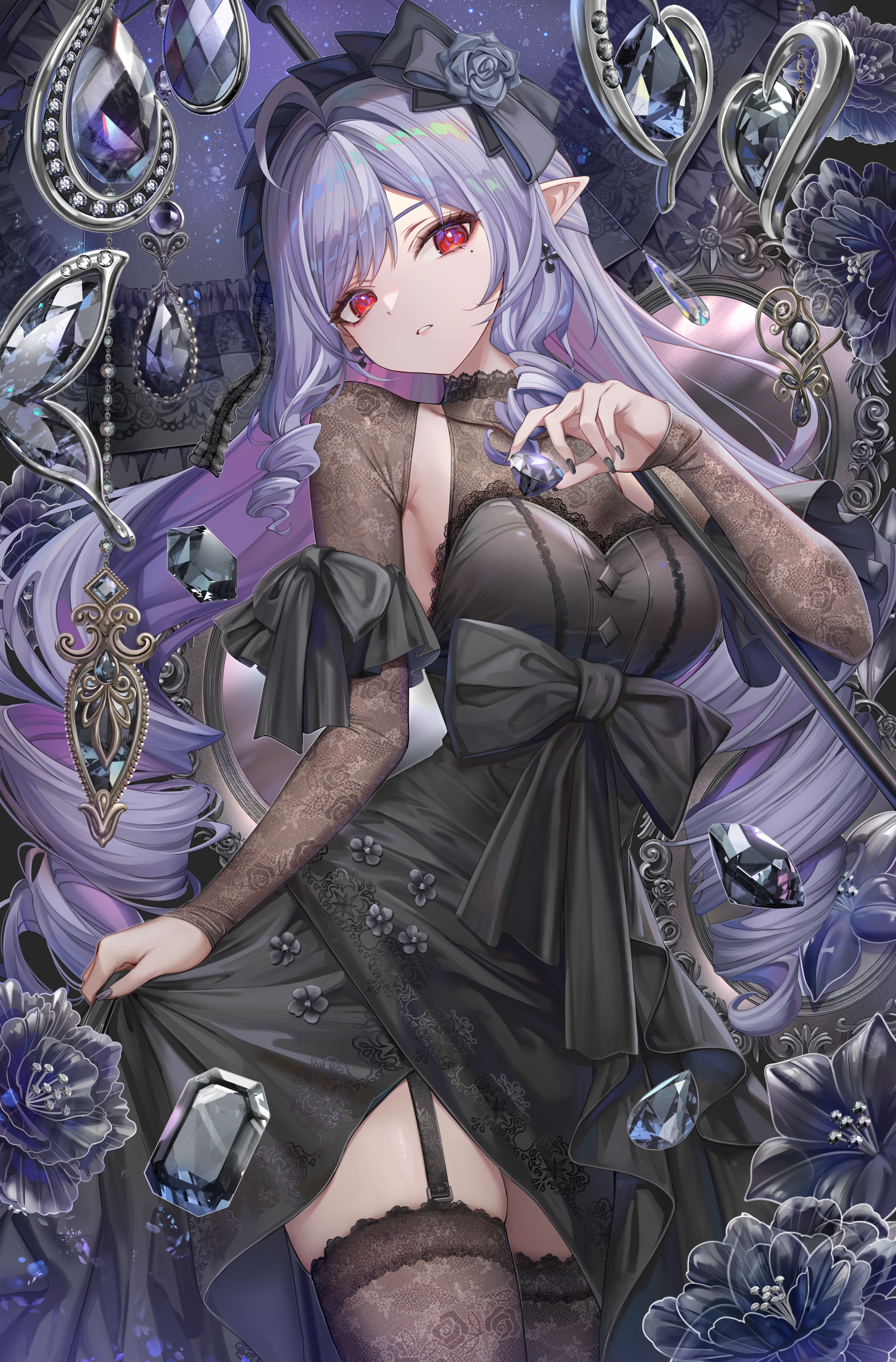dress lolita_fashion no_bra pointy_ears see_through skirt_lift stockings thighhighs torino_akua umbrella vivian_banshee zenless_zone_zero