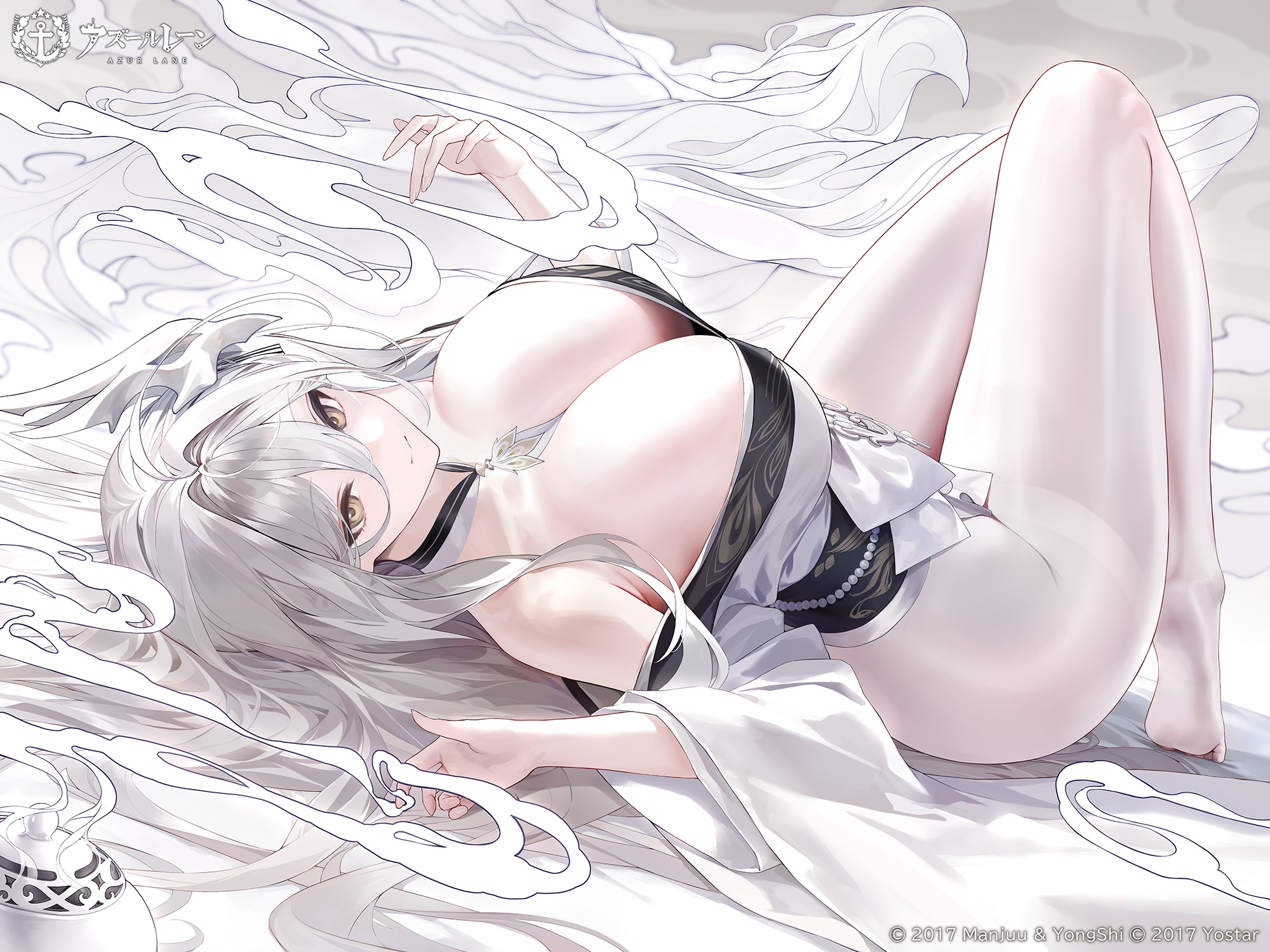 an_yasuri azur_lane hakuhou_(azur_lane) japanese_clothes no_bra open_shirt pantyhose