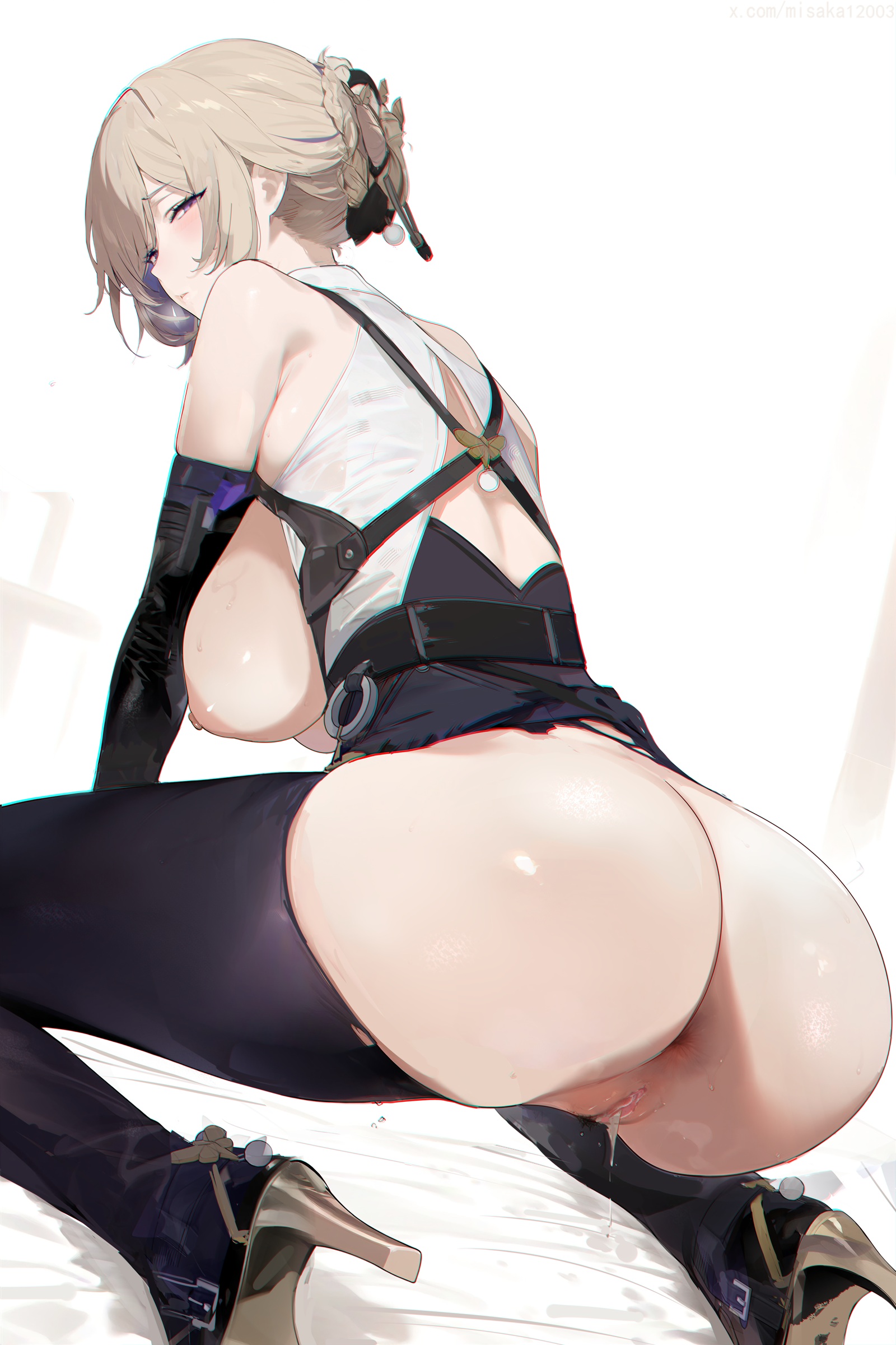 anus ass bottomless breasts evelyn_chevalier heels misako nipples no_bra pussy pussy_juice see_through thighhighs torn_clothes uncensored wet wet_clothes zenless_zone_zero