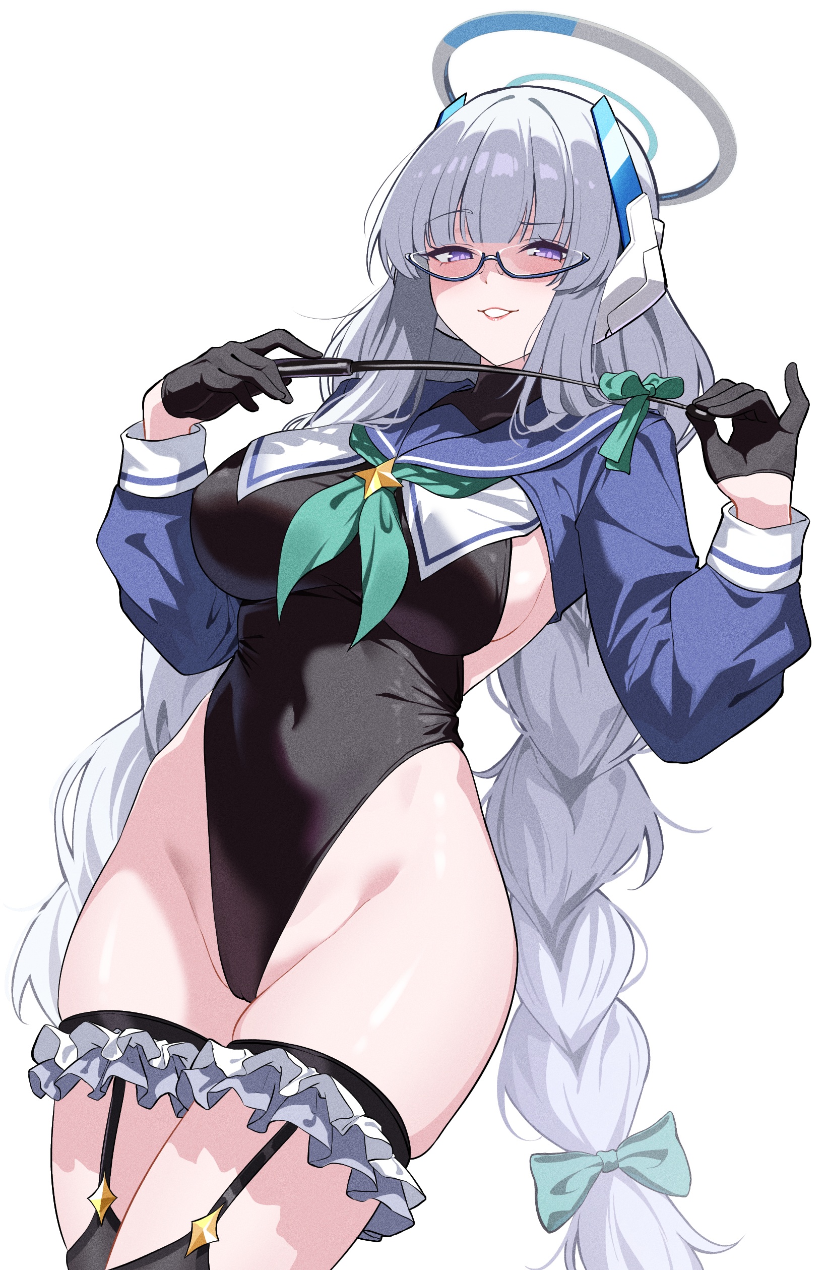 blue_archive cameltoe cosplay endou_shimiko erect_nipples garter halo leotard megane no_bra reia_76 seifuku stockings thighhighs ushio_noa weapon