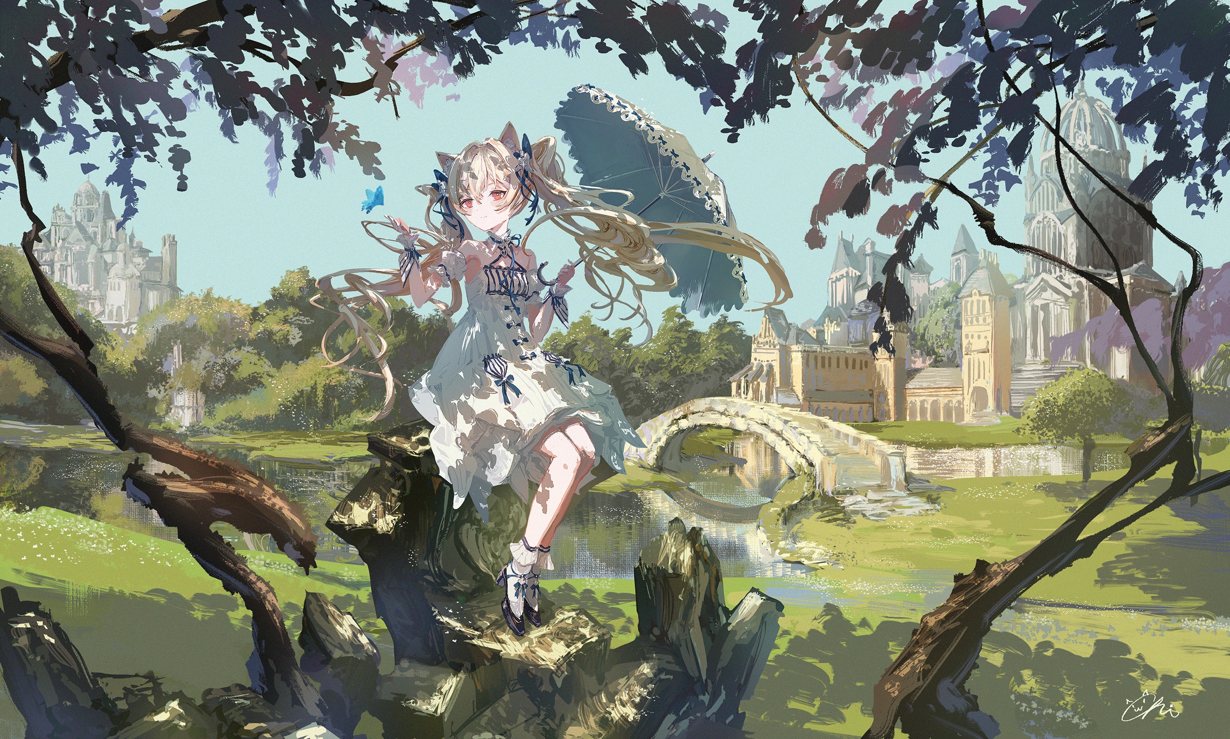 animal_ears dress heels koyamanatsu landscape nekomimi umbrella