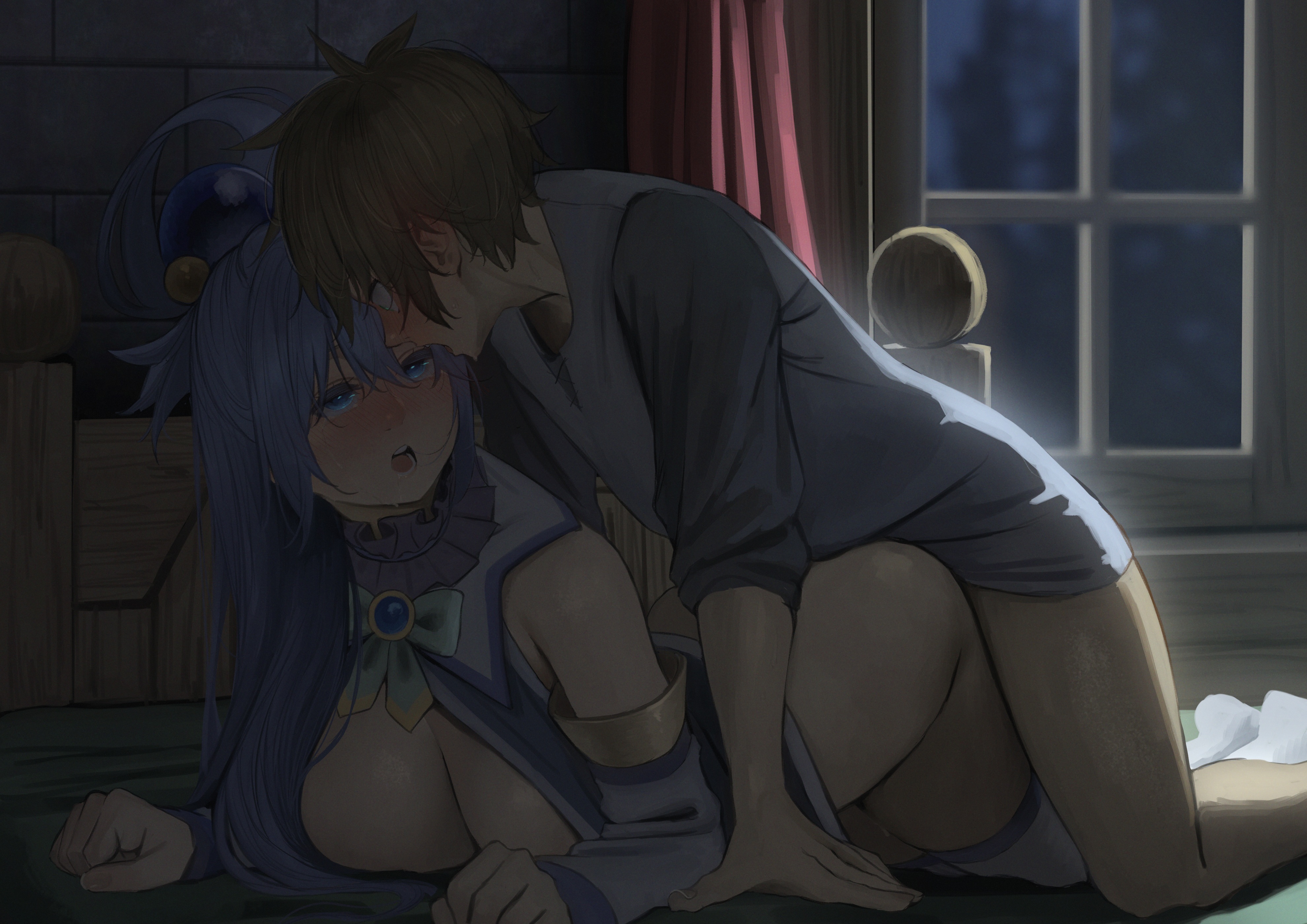 aqua_(konosuba) bottomless izawa_(bhive003) kono_subarashii_sekai_ni_shukufuku_wo! no_bra satou_kazuma sex thighhighs