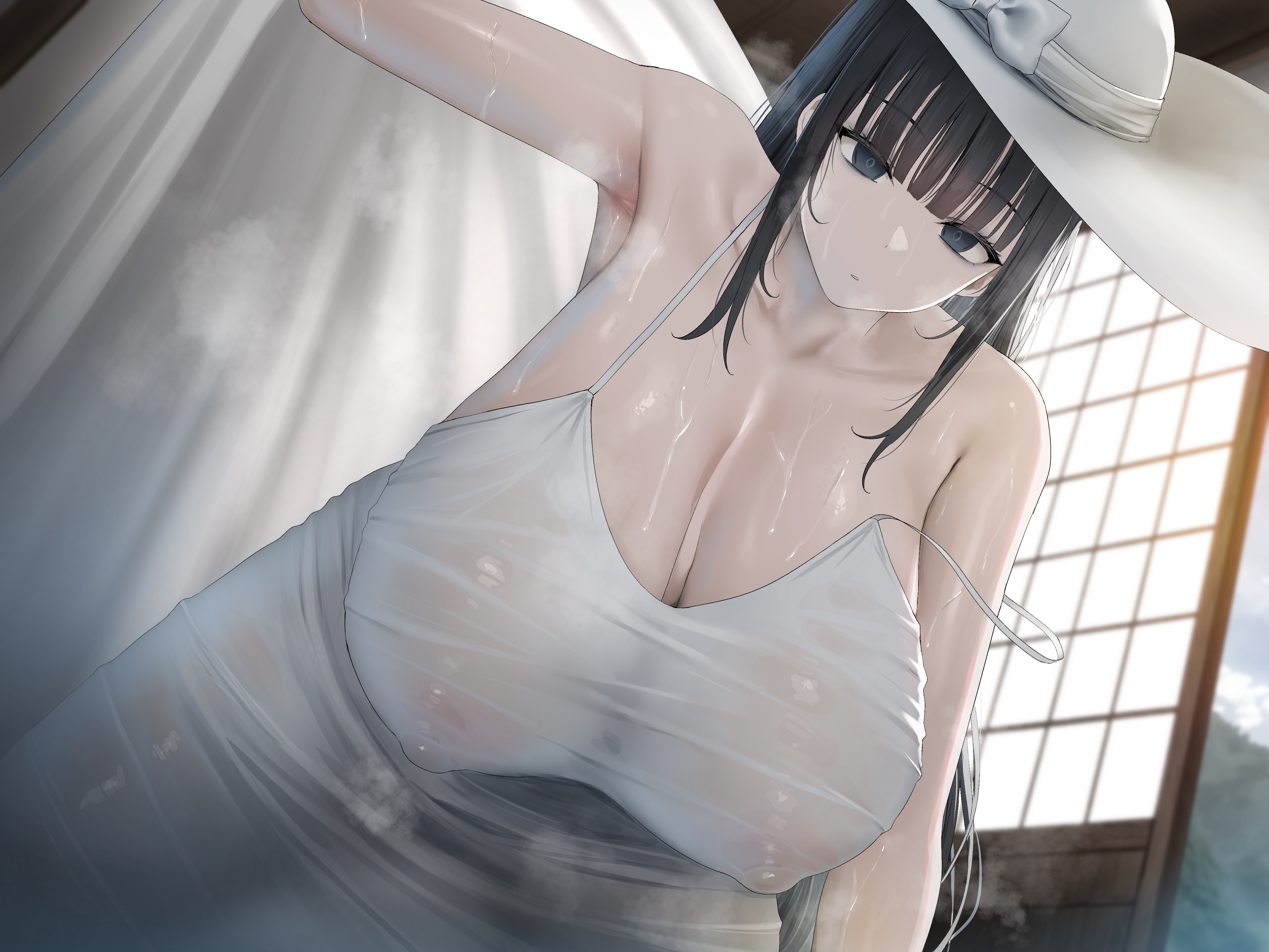 dress erect_nipples no_bra oekakizuki see_through summer_dress wet wet_clothes