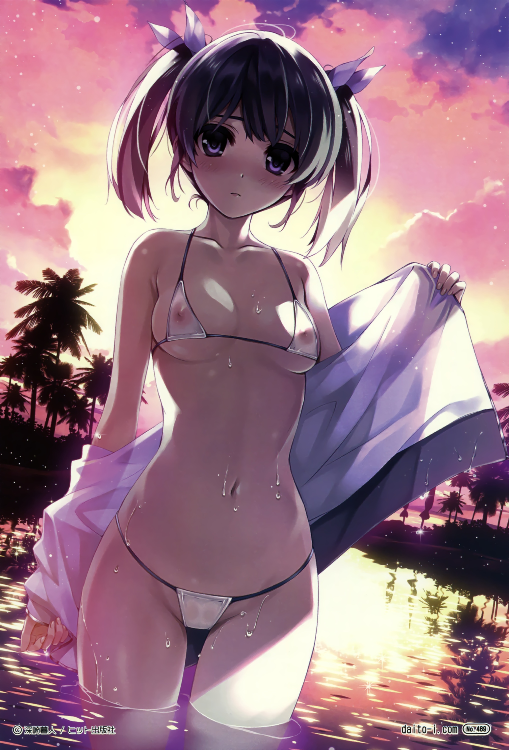 bikini comic_aun misaki_kurehito nanami_negi nipples open_shirt see_through swimsuits thong undressing wet wet_clothes