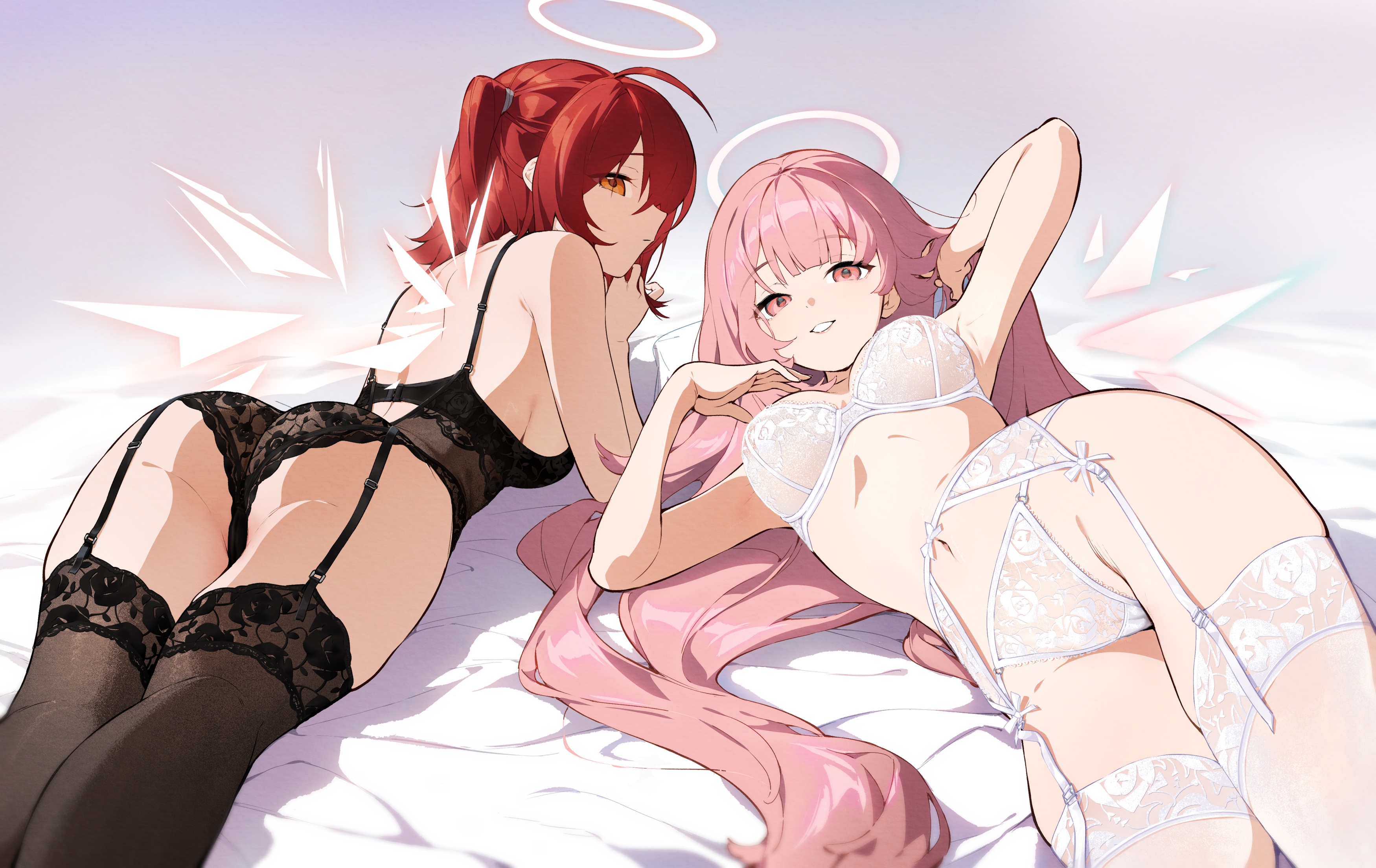 angel areola arknights ass bra cameltoe exusiai_(arknights) garter_belt lemuen_(arknights) lingerie nashidrop pantsu see_through stockings thighhighs thong wings