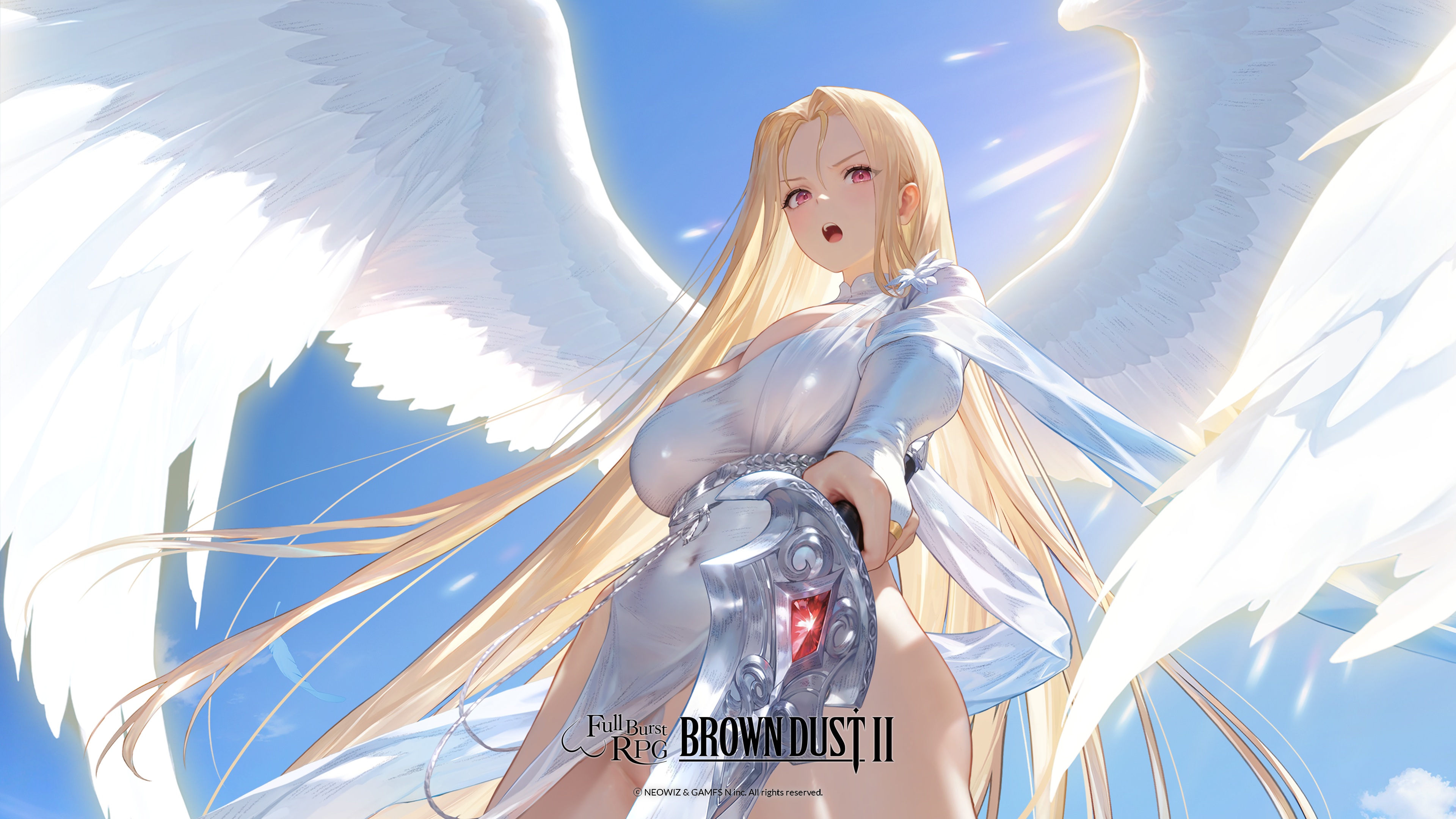brown_dust_ii dress nopan olivier_(brown_dust_ii) origami see_through skirt_lift sword wallpaper wings