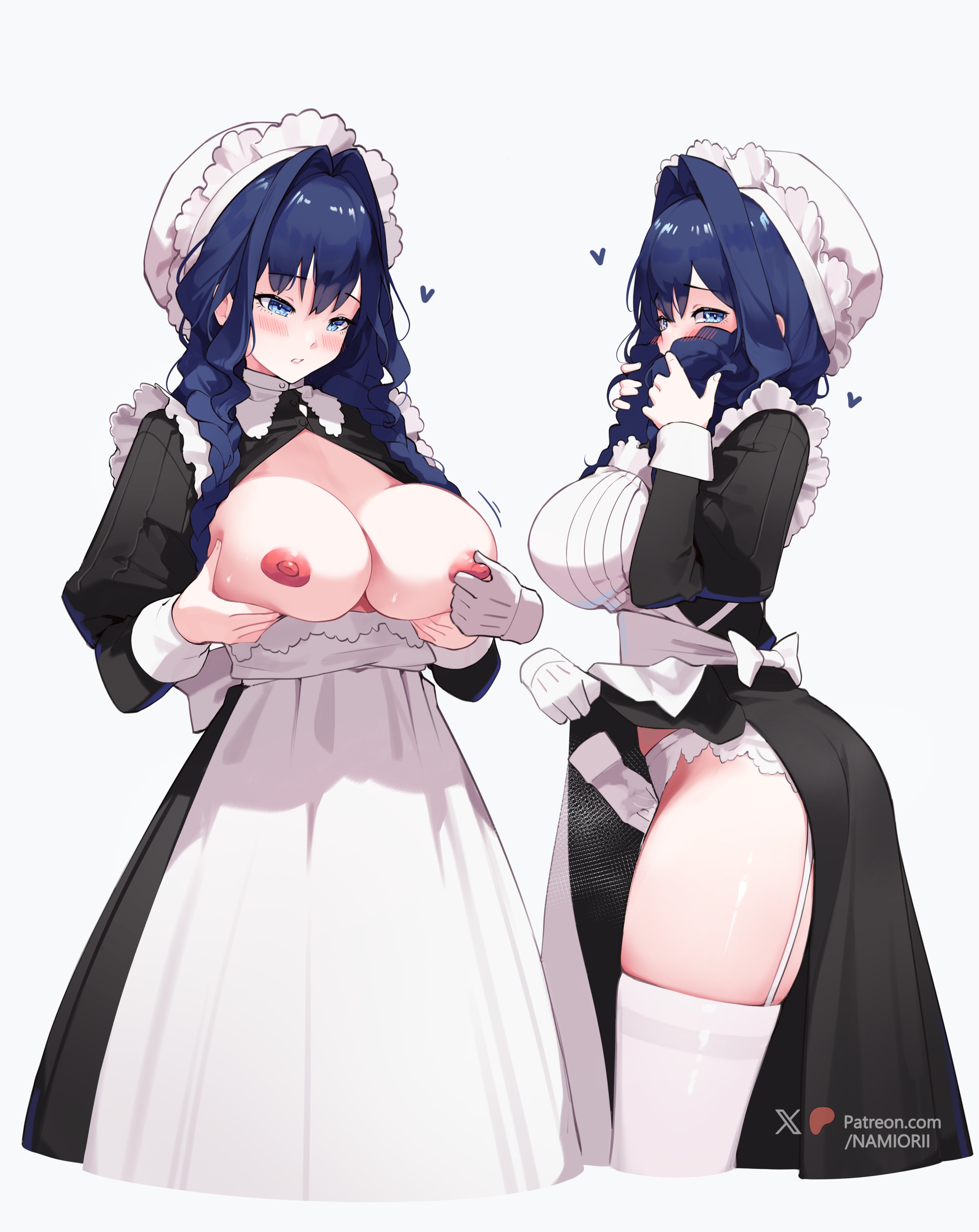 breast_hold breasts fingering garter_belt hololive hololive_english maid namiorii nipples no_bra open_shirt ouro_kronii skirt_lift stockings thighhighs