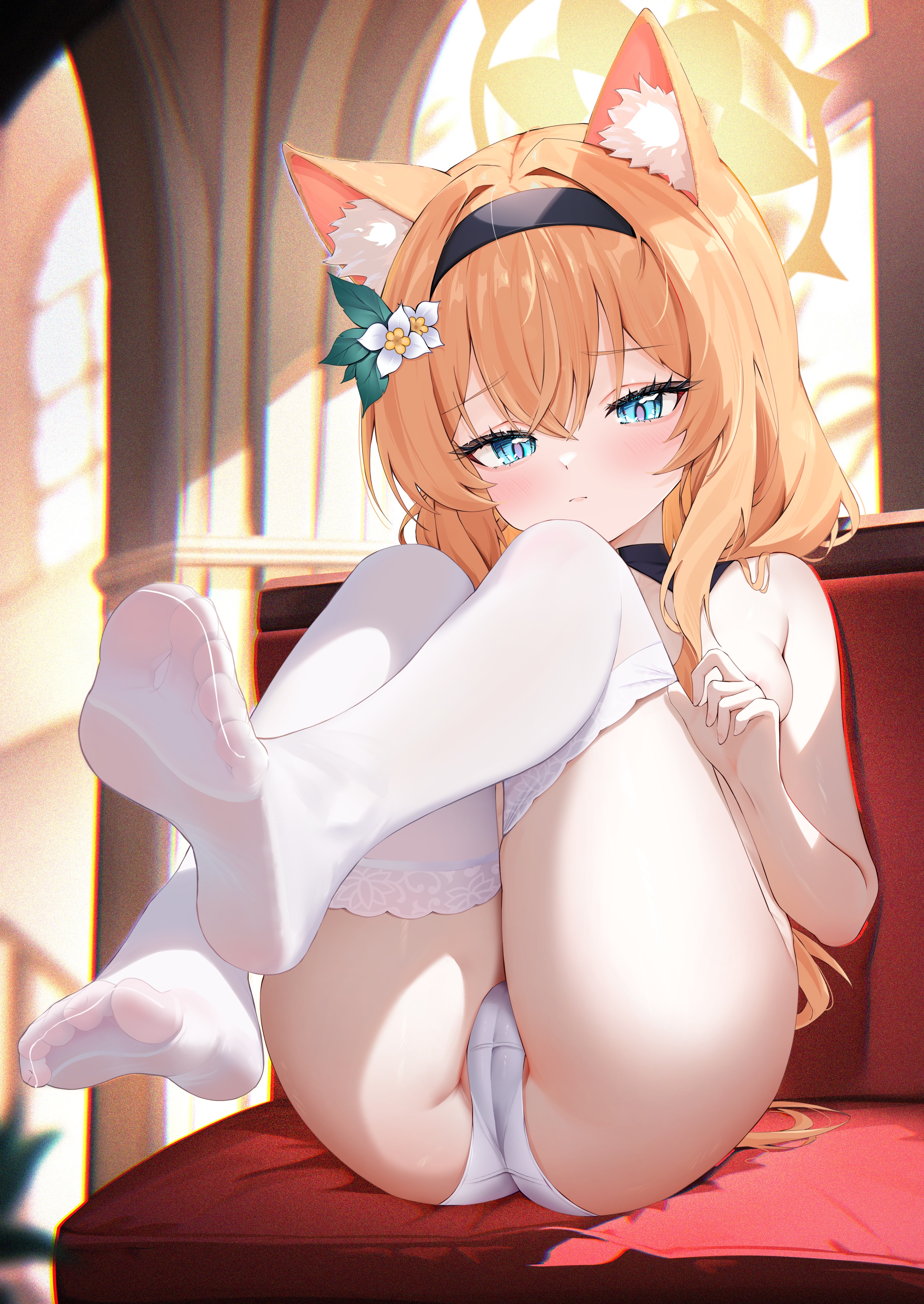 animal_ears areola blue_archive cameltoe feet halo iochi_mari loli nekomimi pantsu radoremo see_through thighhighs thong topless undressing