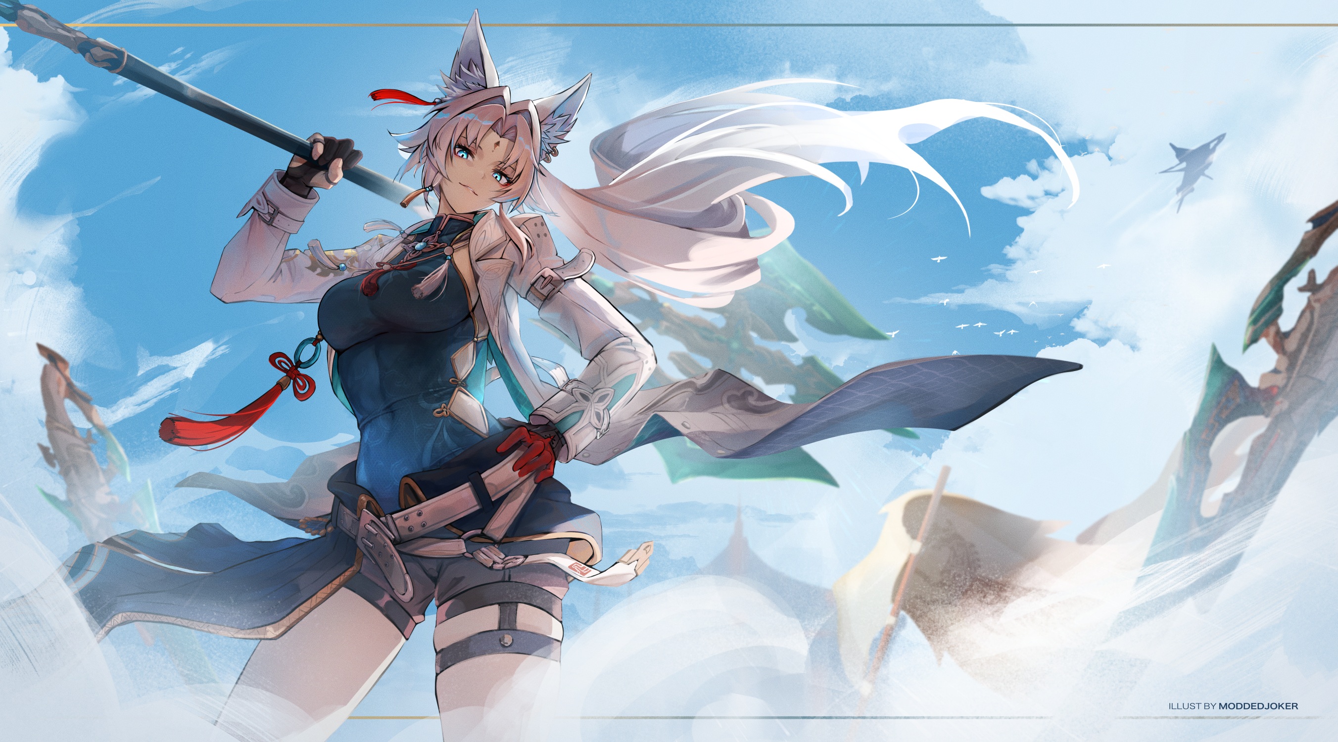 animal_ears asian_clothes feixiao garter honkai:_star_rail kitsune moddedjoker no_bra tattoo weapon