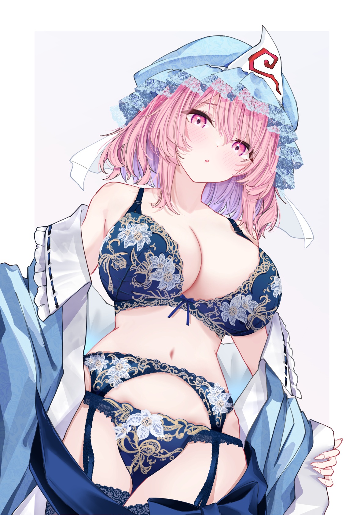 bra garter_belt lingerie open_shirt pantsu saigyouji_yuyuko sarasadou_dan stockings thighhighs touhou