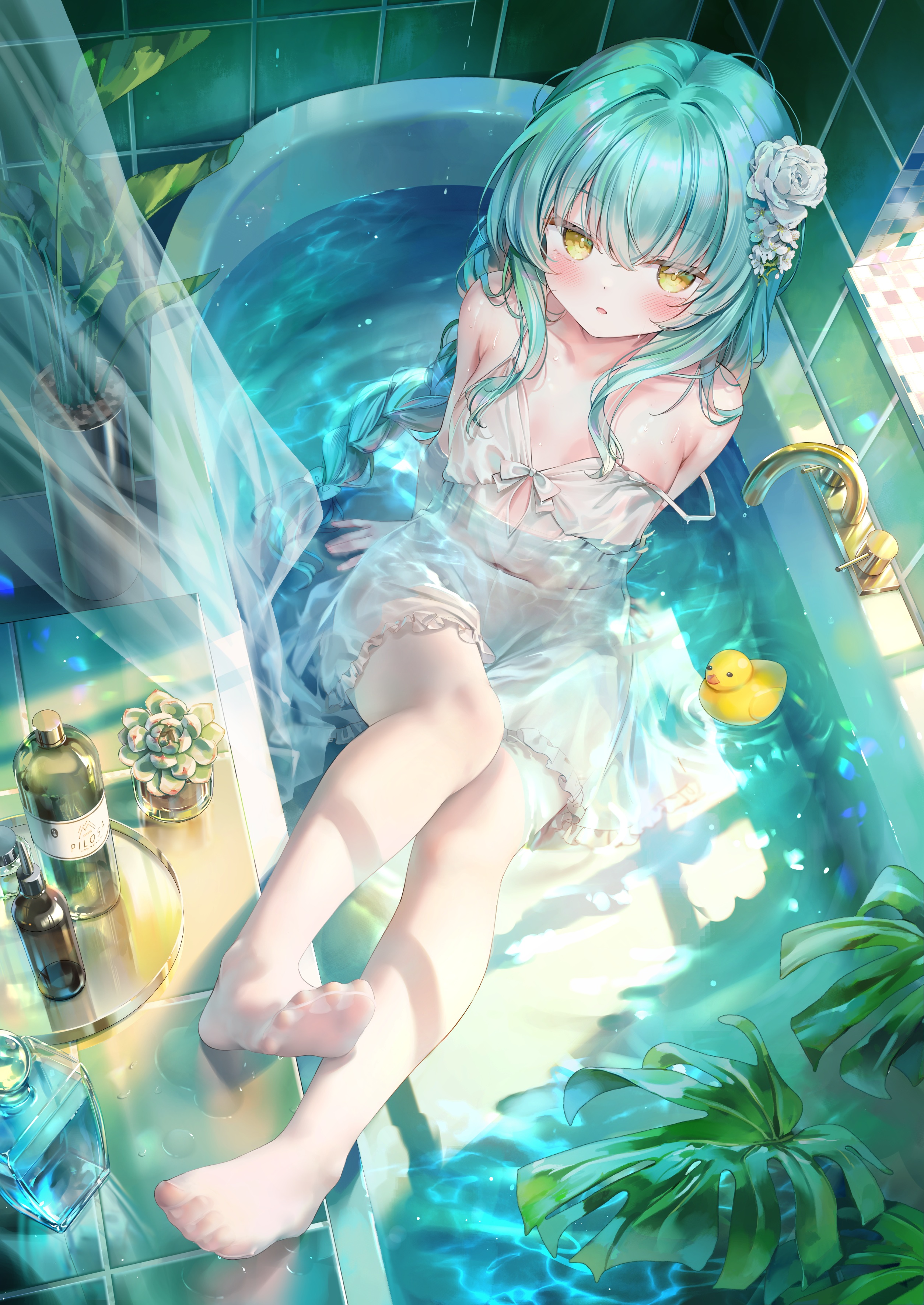 chen_bin dress loli no_bra pantyhose pilisa see_through wet wet_clothes