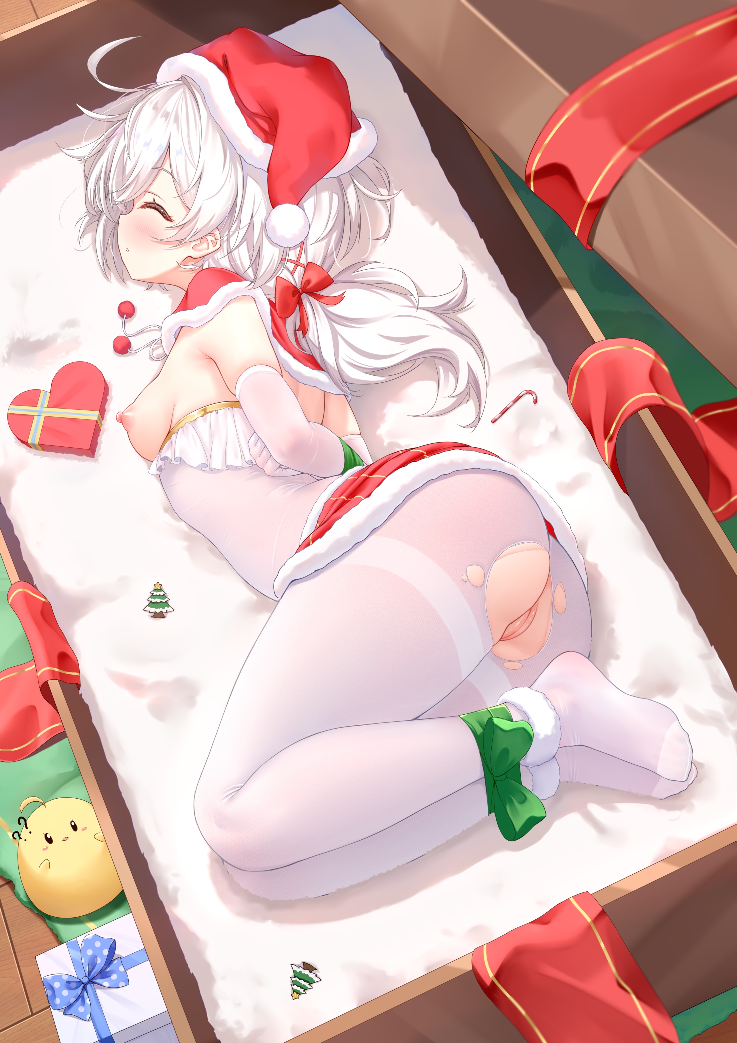 ass azur_lane bondage breasts christmas flandre_(azur_lane) loli manjuu_(azur_lane) nipples no_bra nopan pantyhose pussy qian_hen skirt_lift torn_clothes uncensored