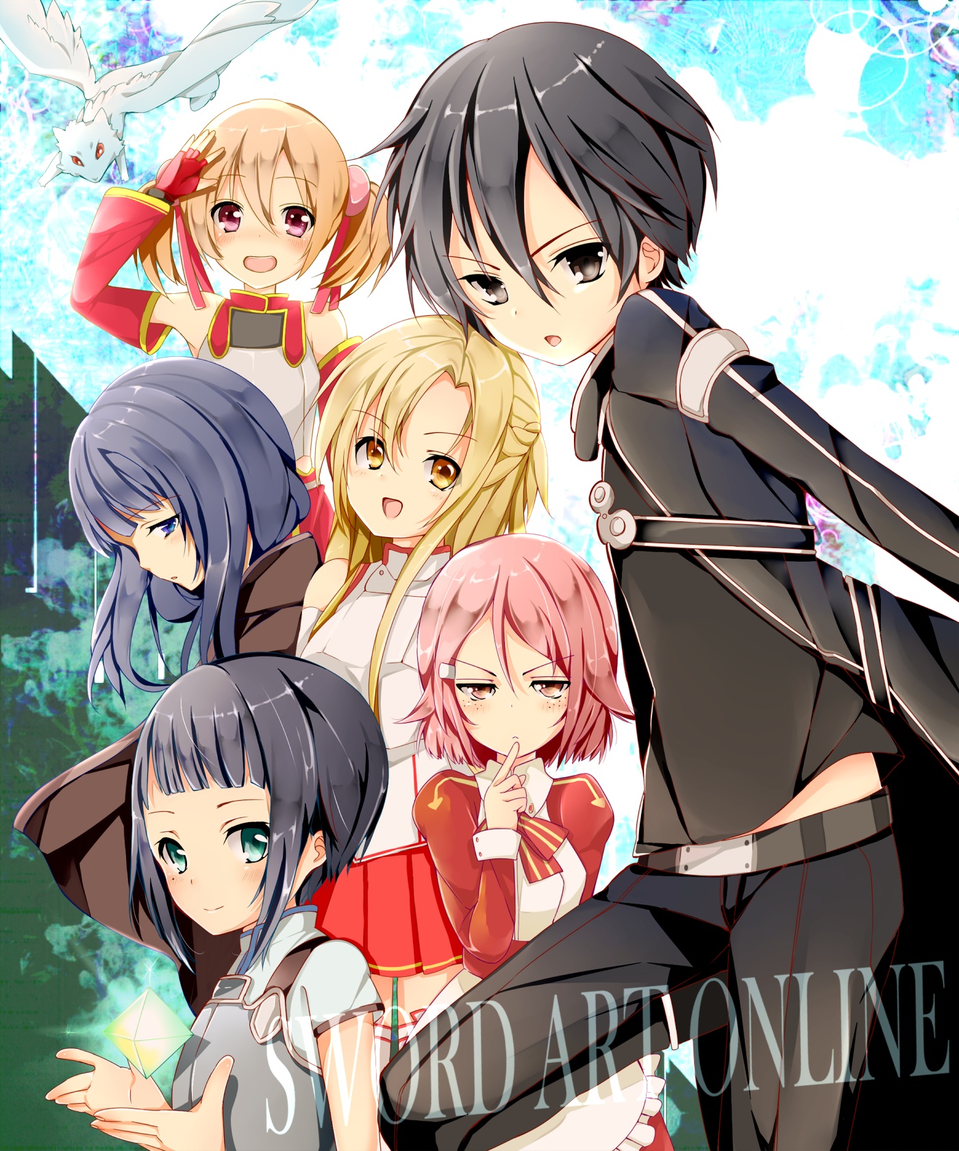 asuna, kirito, silica, lisbeth, pina, and 2 more (sword art online