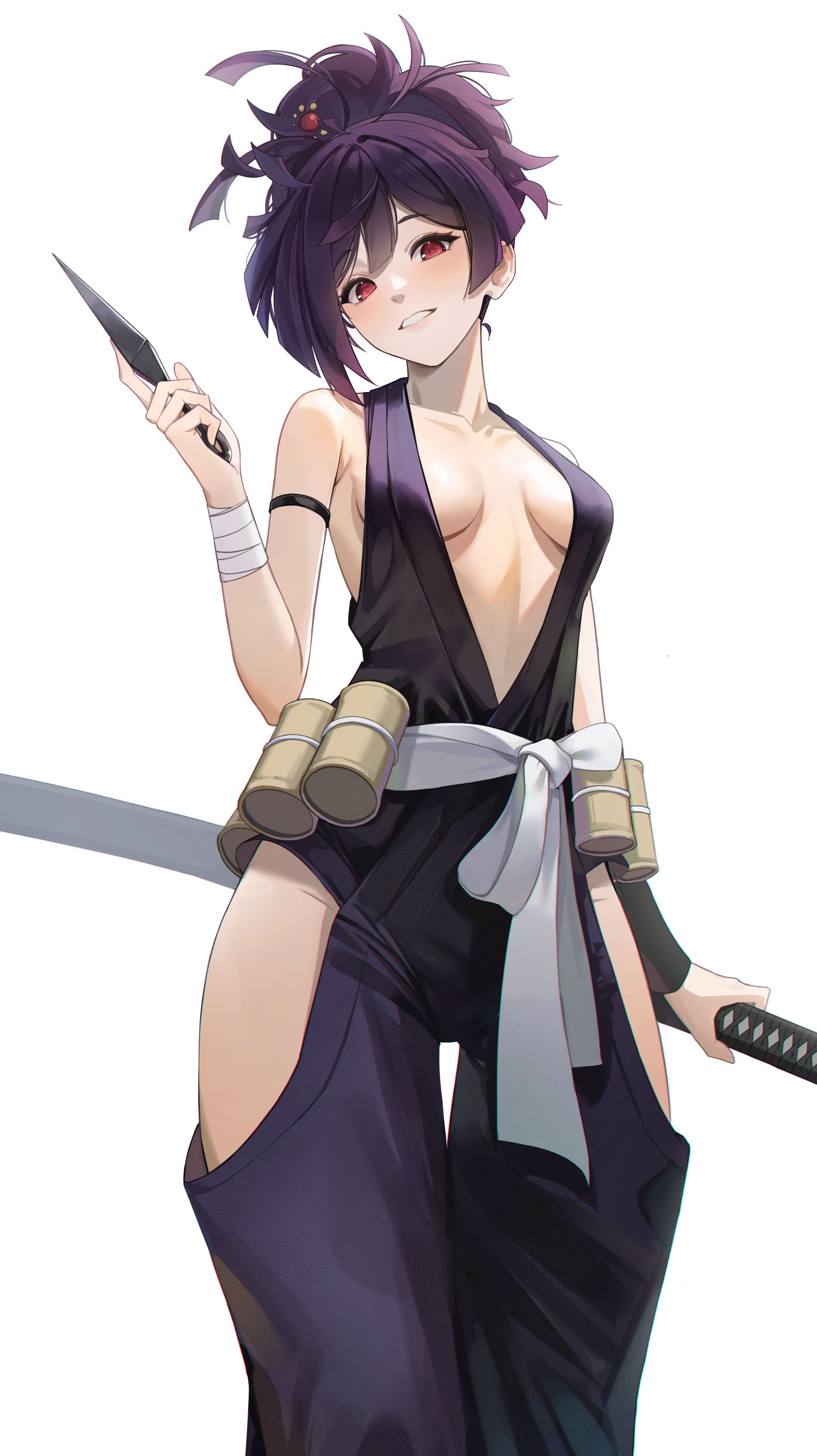 bandages japanese_clothes jigokuraku lunia_(artist) ninja no_bra sword weapon yuzuriha_(jigokuraku)