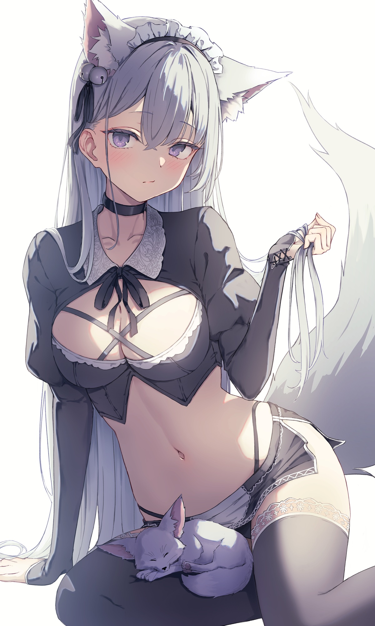 animal_ears maid no_bra pantsu ryuinu tail thighhighs