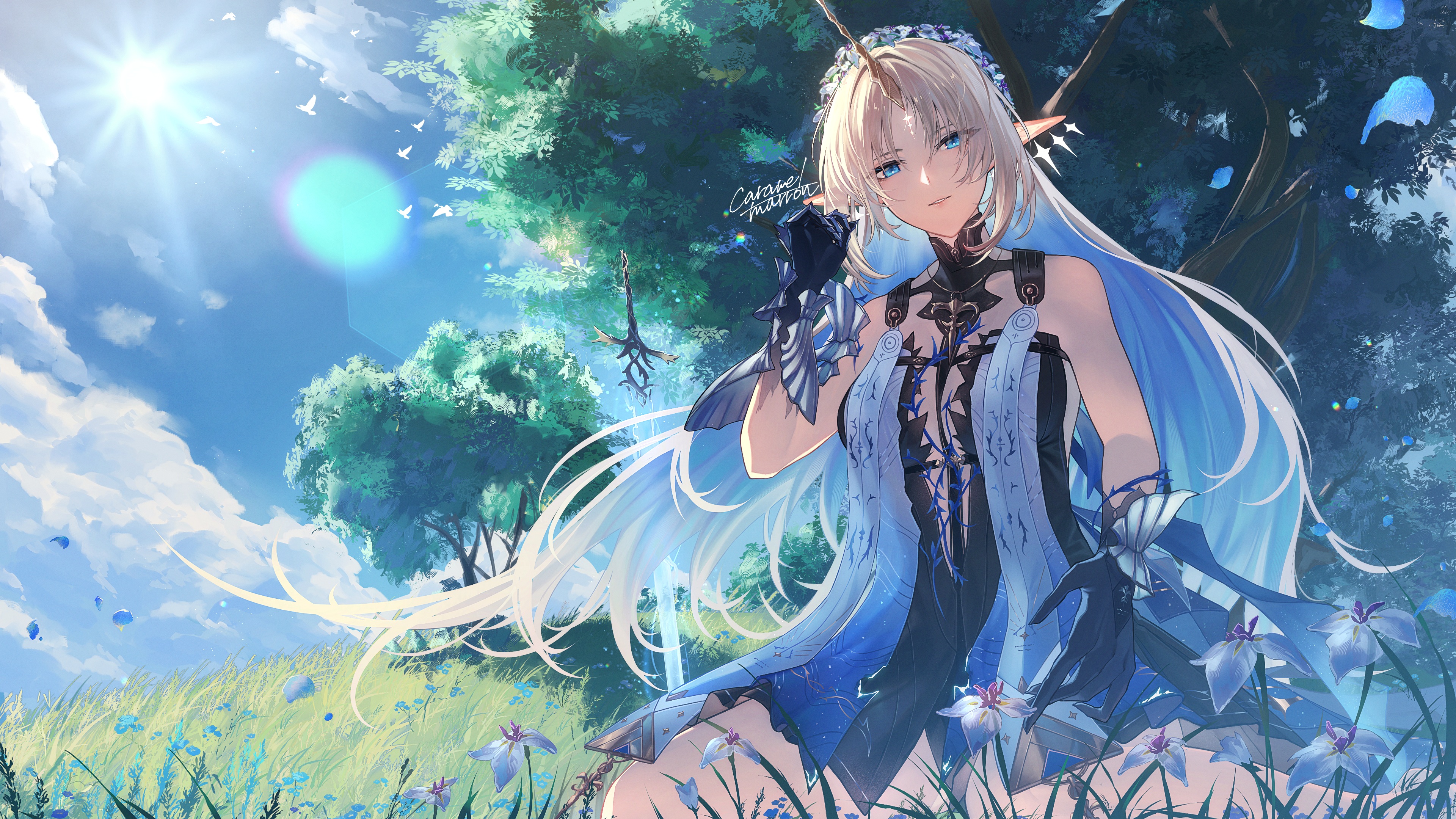 caramelmarron dress fleurdelys horns no_bra pointy_ears sword tattoo wallpaper wuthering_waves