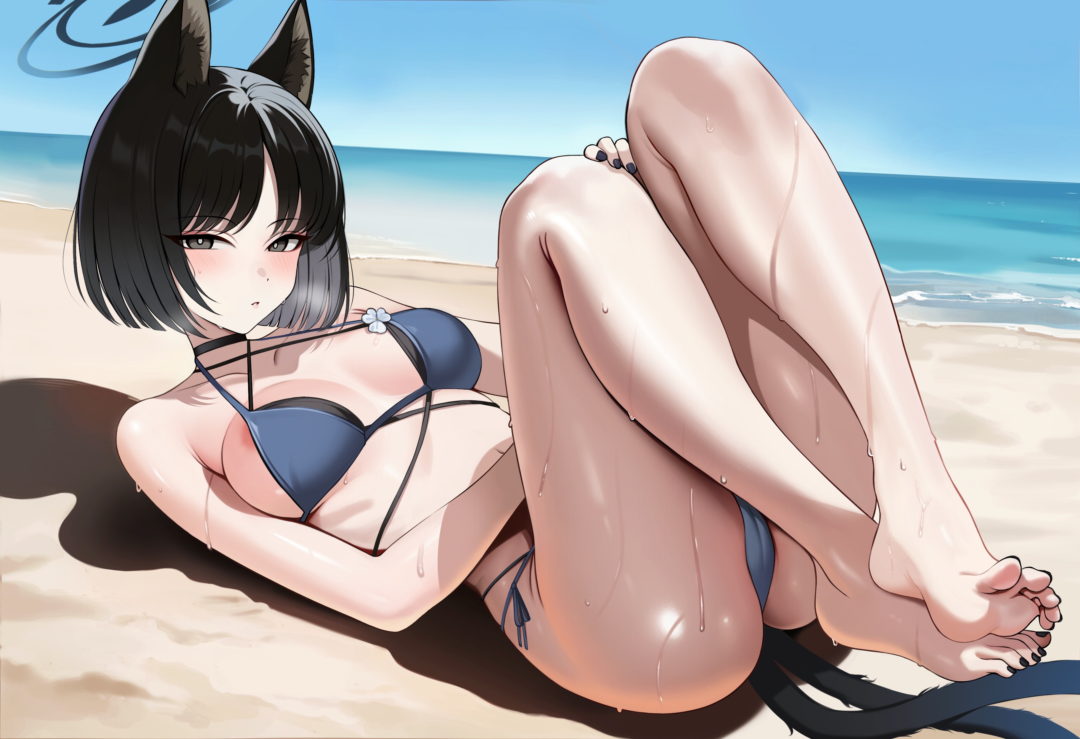 animal_ears areola ateoyh bikini blue_archive cameltoe halo kiryuu_kikyou nekomimi swimsuits tail thong wet