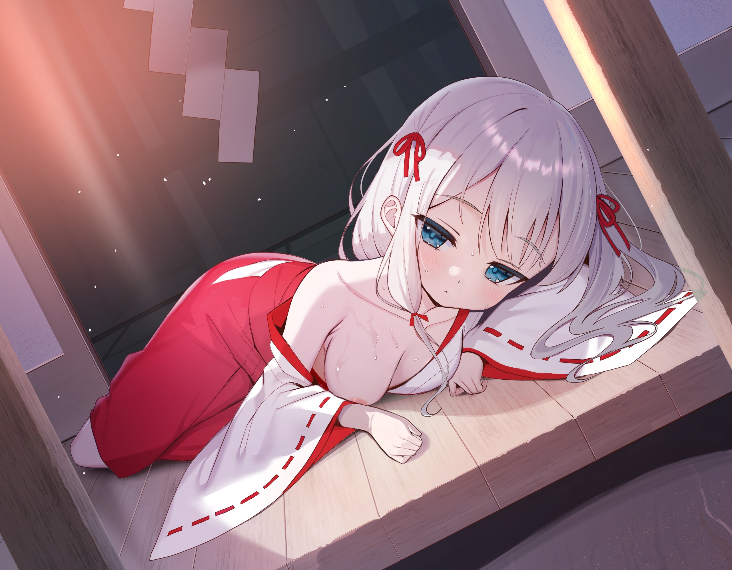 areola breasts loli miko no_bra open_shirt tsuki_usagi wet