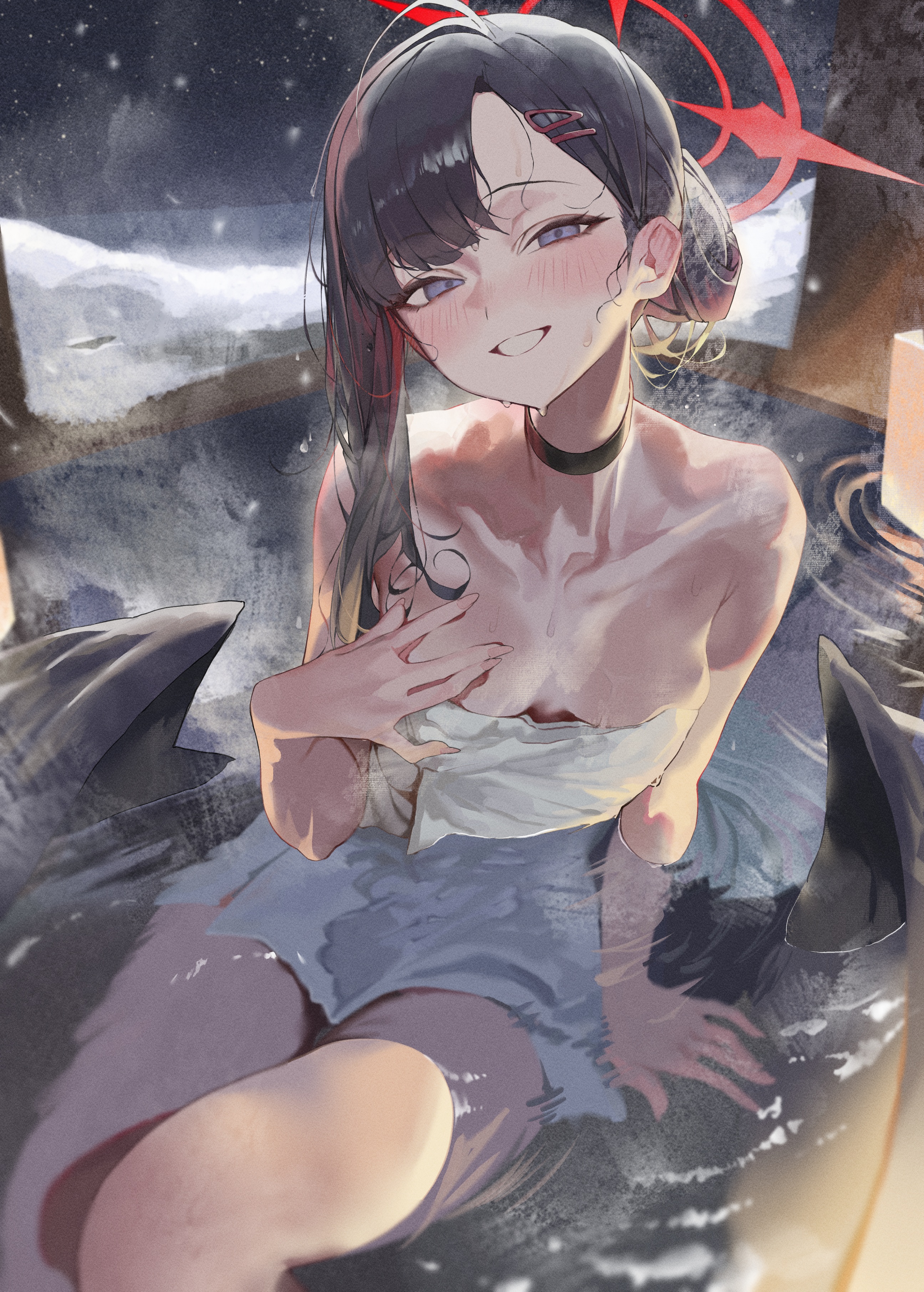 angel bathing blue_archive nakamasa_ichika onsen pepq towel wet wings