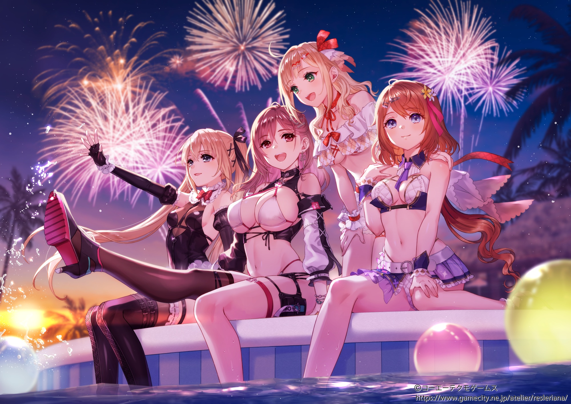 alvina_zimlock atelier atelier_resleriana bikini crossover dead_or_alive dead_or_alive_xtreme_venus_vacation fubuki_(fakemonkey0224) garter heels honoka_(doa) koei_tecmo marie_rose resna_sternenlicht see_through swimsuits thighhighs wet