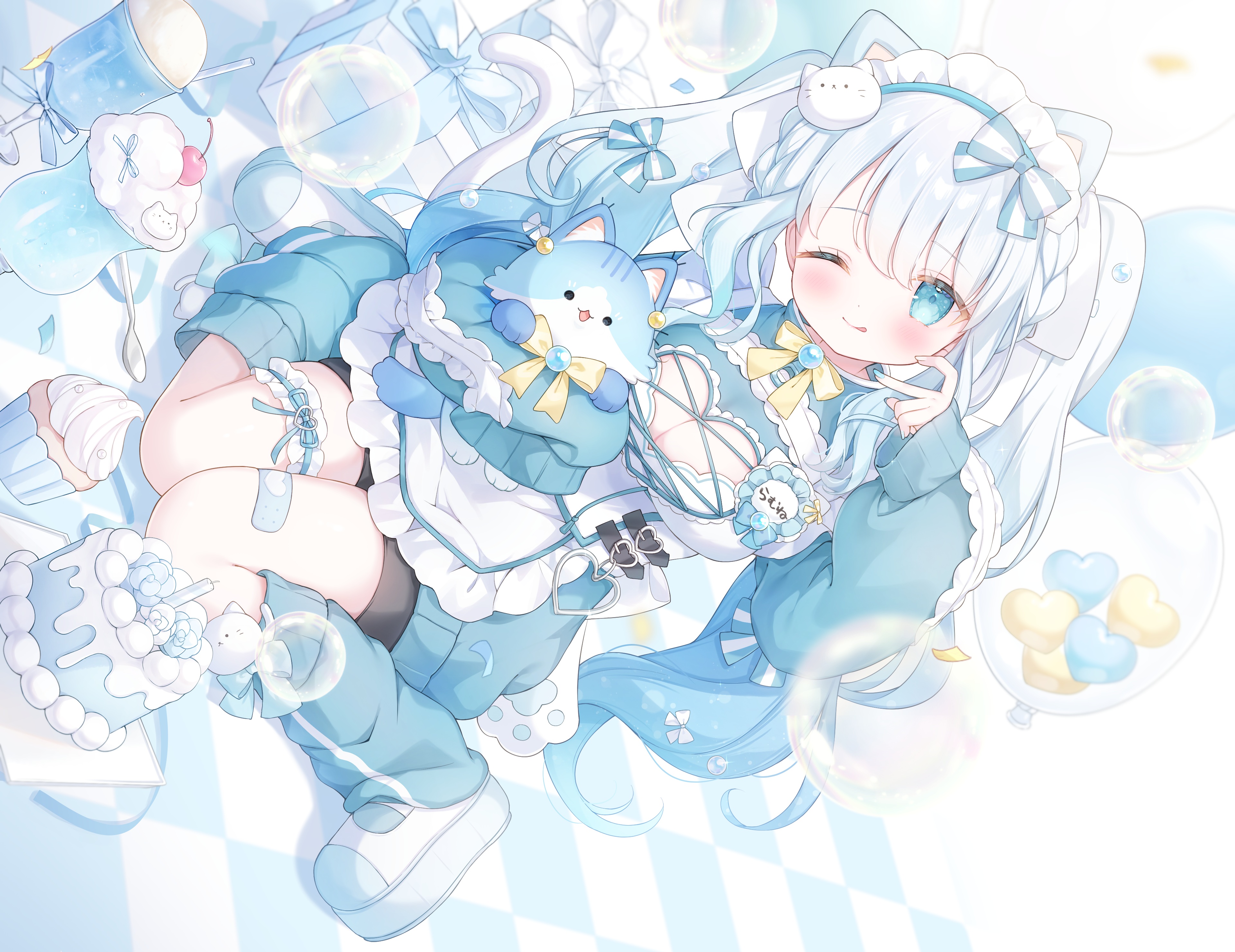 animal_ears bandaid bike_shorts garter indie_virtual_youtuber maid natsumiya_ramune nekomimi no_bra omochi_monaka sweater tail