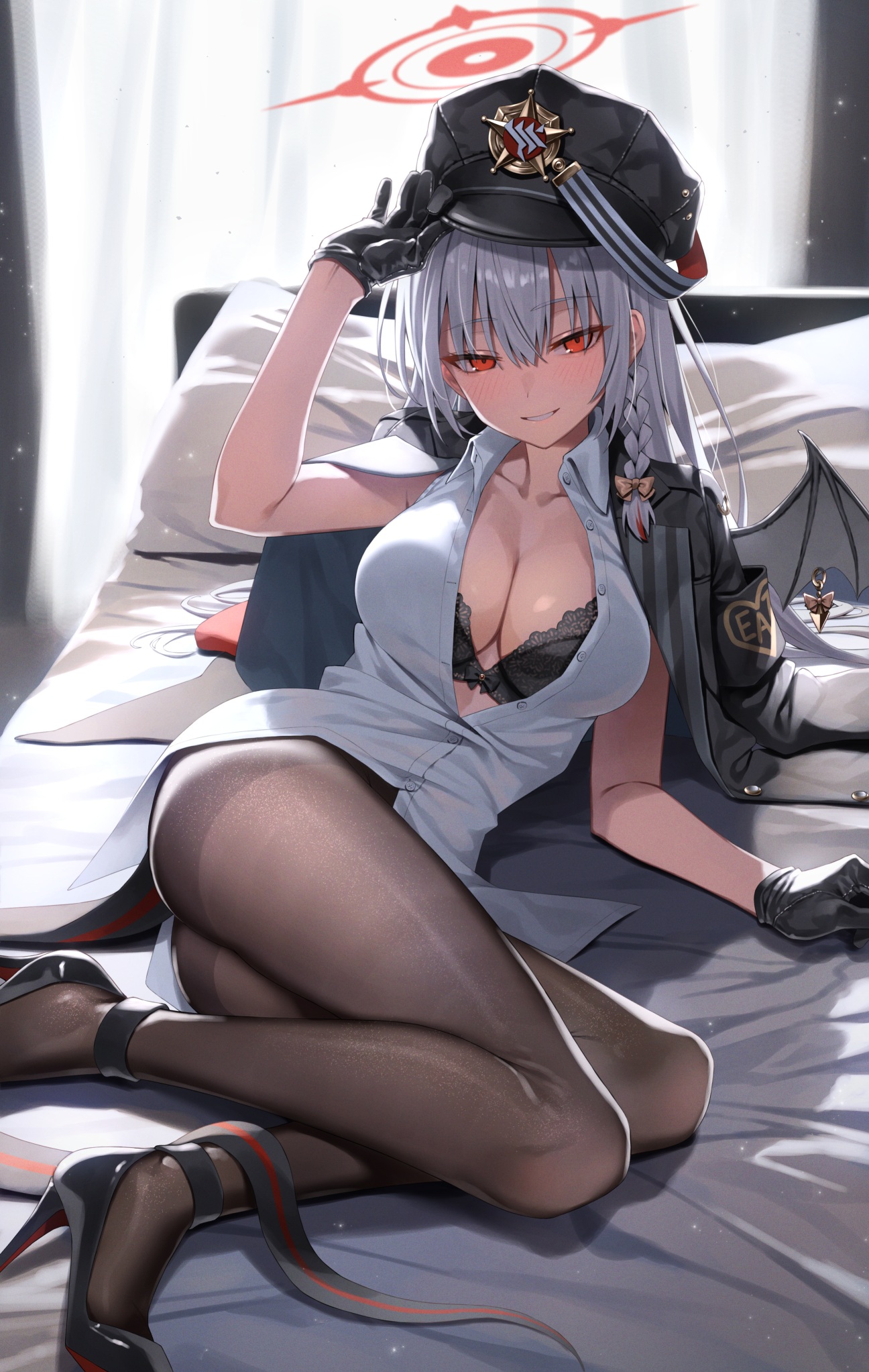 blue_archive bra devil greenkohgen halo heels kurodate_haruna lingerie open_shirt pantyhose tail uniform wings