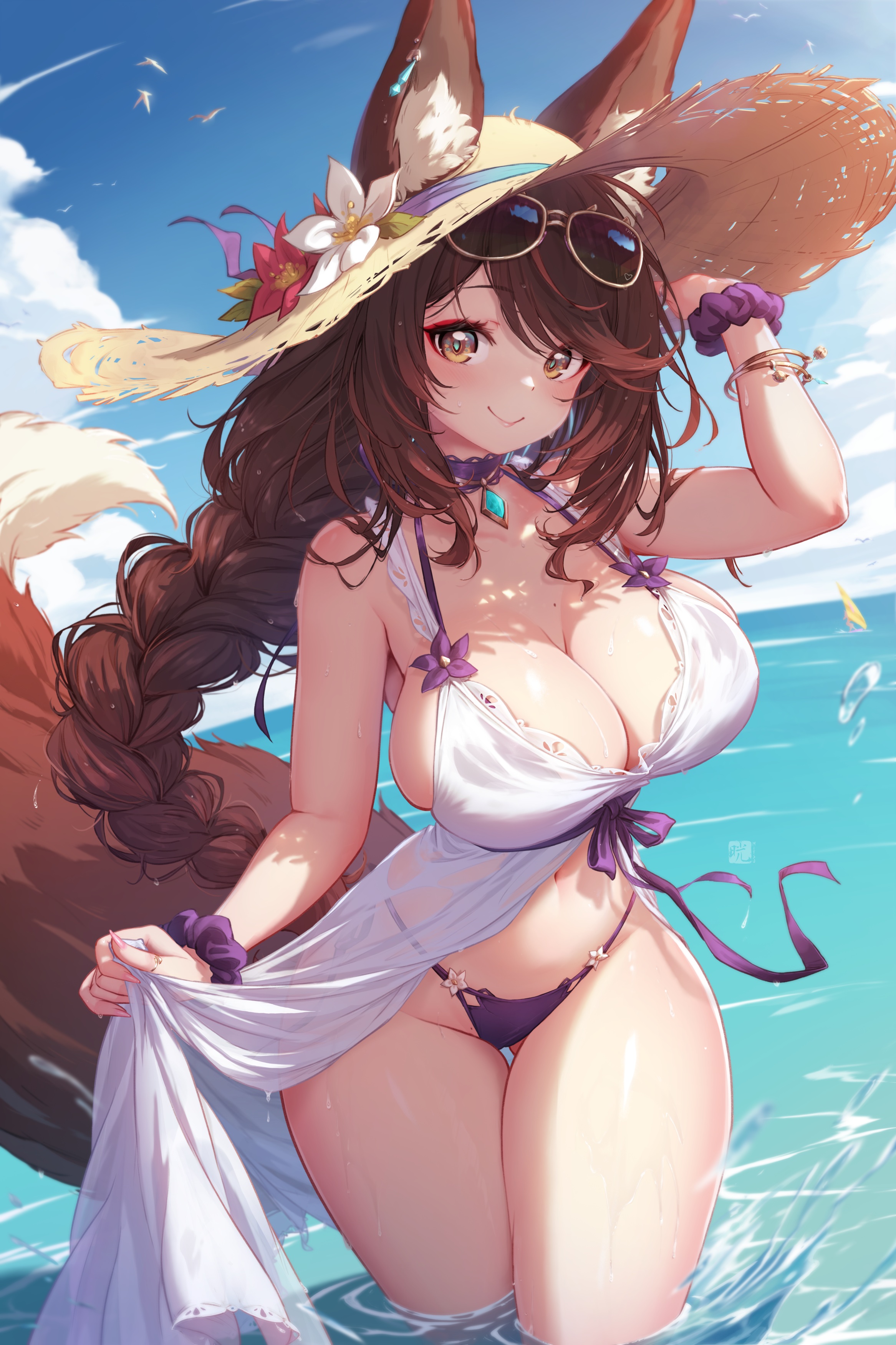 animal_ears bikini dress megane mitsu_(mitsu_art) see_through skirt_lift summer_dress swimsuits tail wet wet_clothes