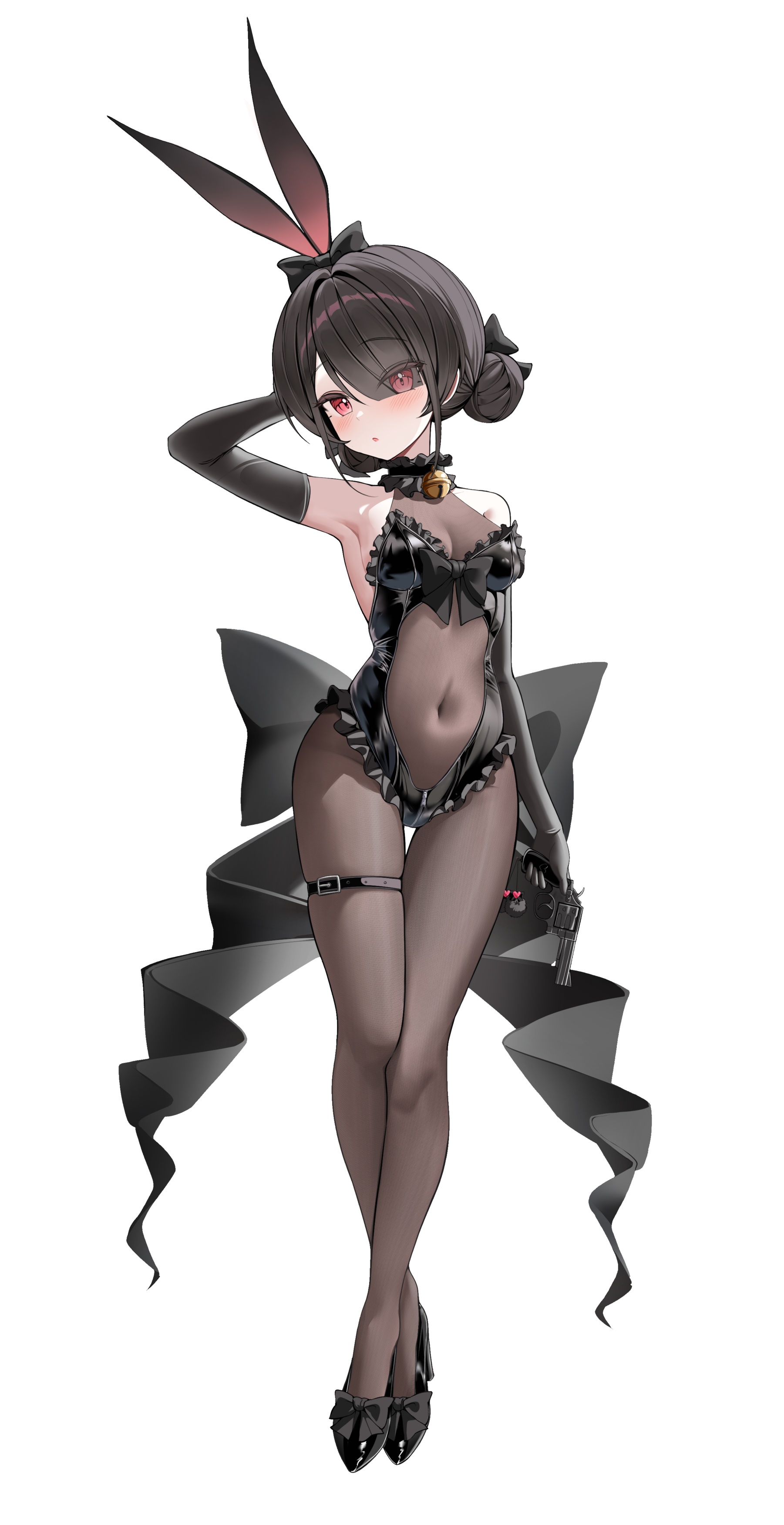 animal_ears bodysuit bunny_ears bunny_girl garter gun heels hooming_illust no_bra see_through