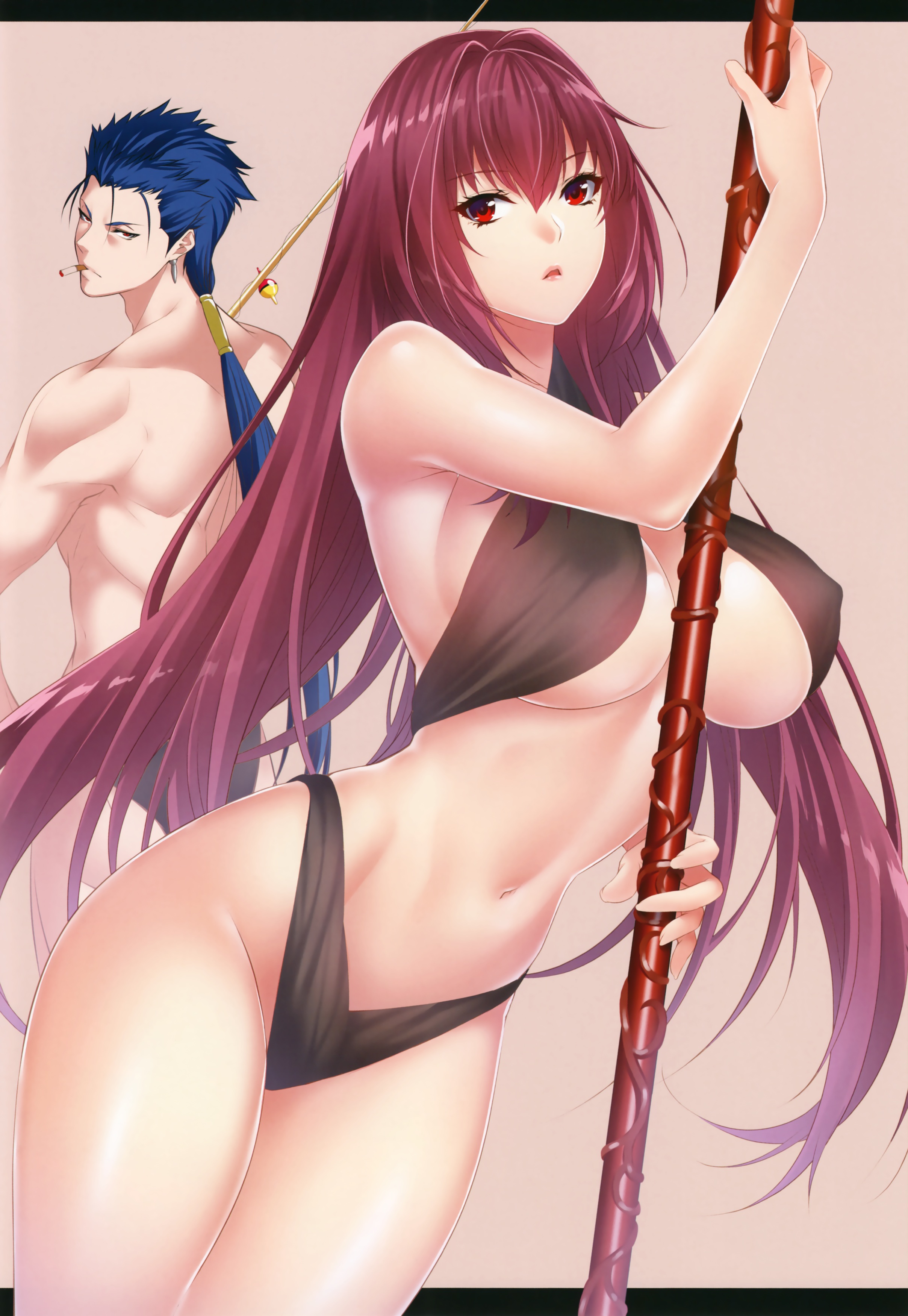 bikini cleavage cu_chulainn_(fate) erect_nipples fate/grand_order fate/stay_night scathach_(fate) smoking swimsuits underboob weapon zucchini