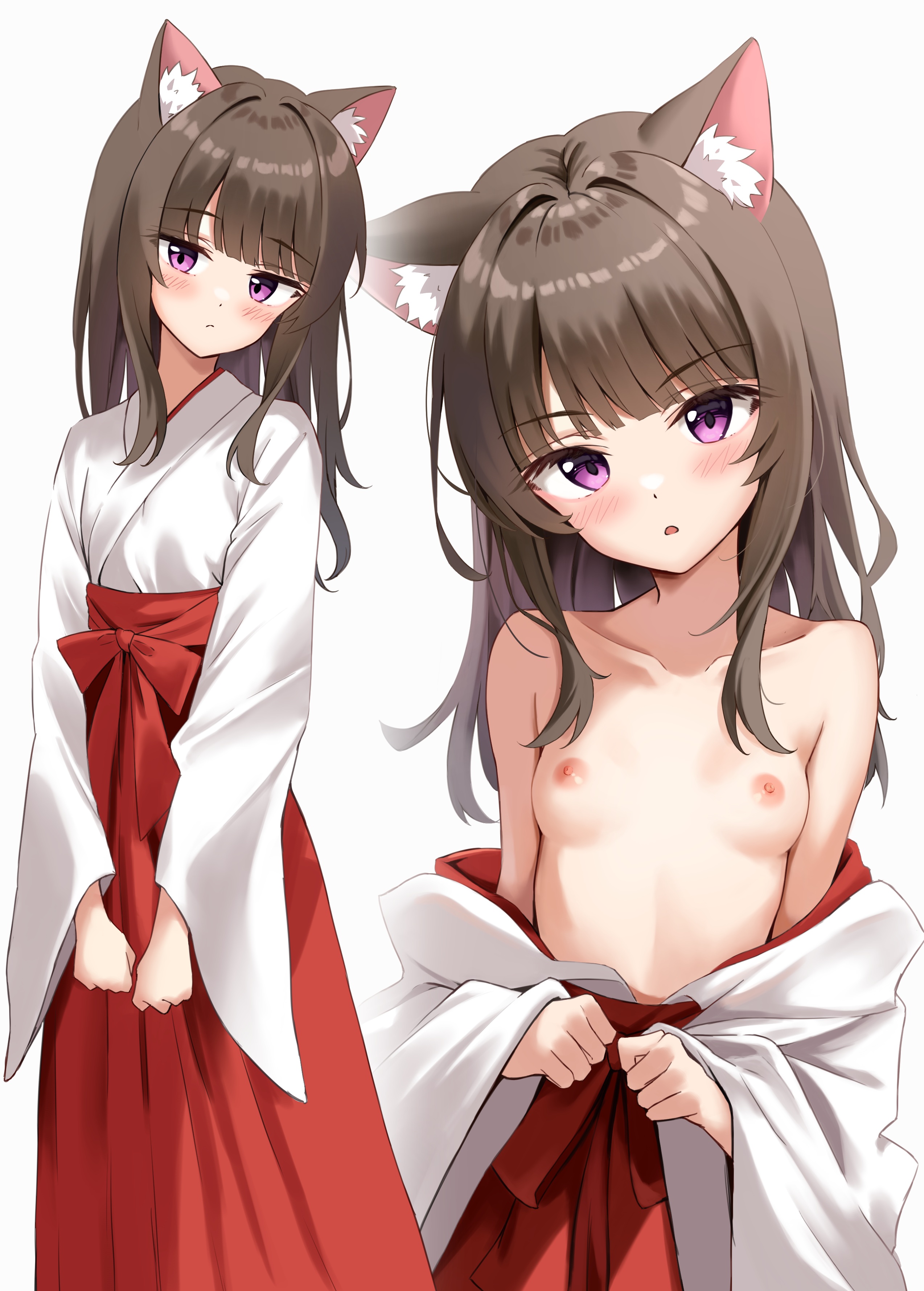 animal_ears breasts loli miko nekomimi nipples no_bra open_shirt thalia