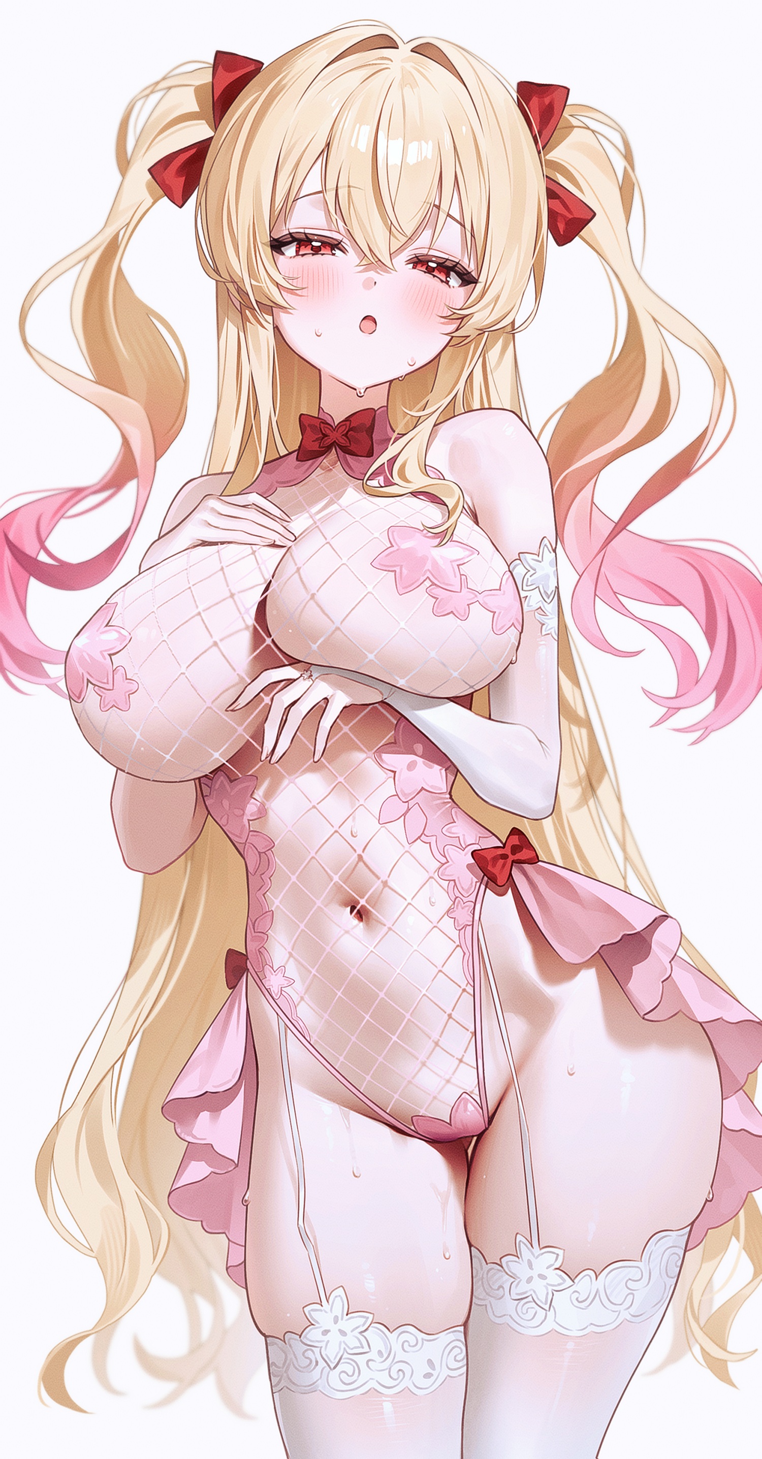azalea_(hiyono) breast_hold fishnets fymrie leotard no_bra nopan stockings thighhighs wet