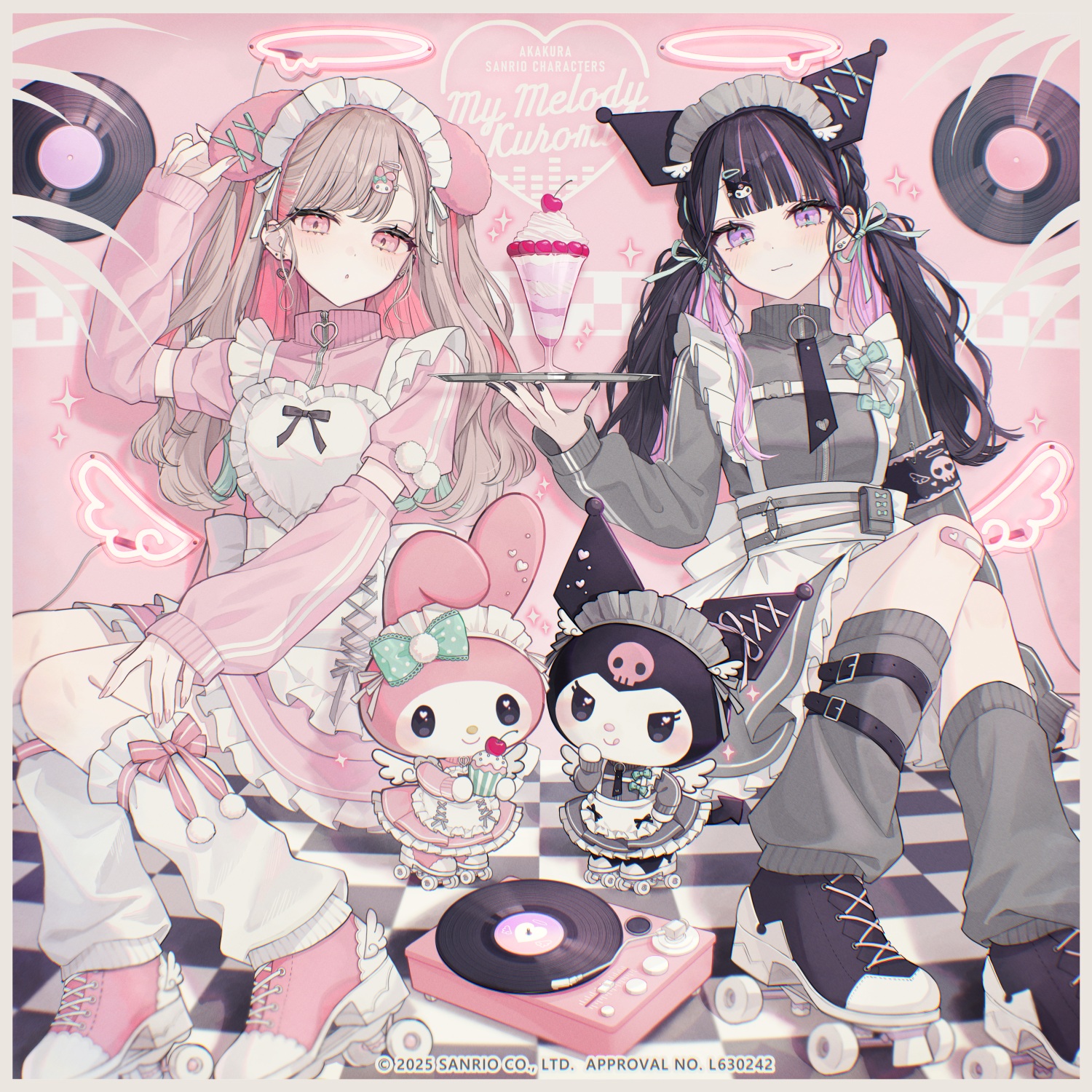 akakura animal_ears bandaid bunny_ears crossover kuromi_(sanrio) maid my_melody sanrio skirt_lift waitress