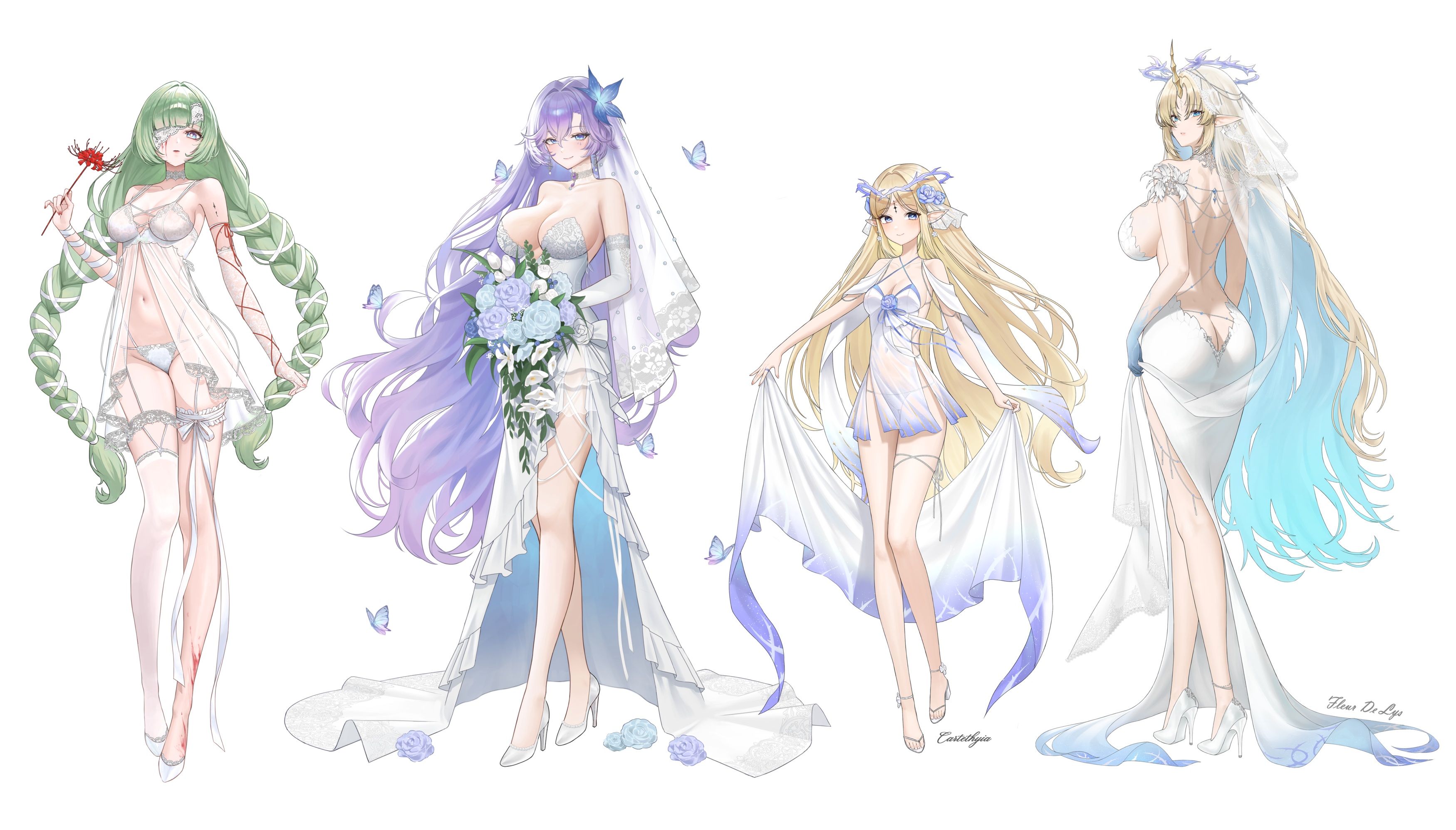 bandages blood cantarella cartethyia dang_geun23283 dress eyepatch fleurdelys garter heels horns no_bra nopan pantsu phrolova pointy_ears see_through stockings tattoo thighhighs wedding_dress wuthering_waves