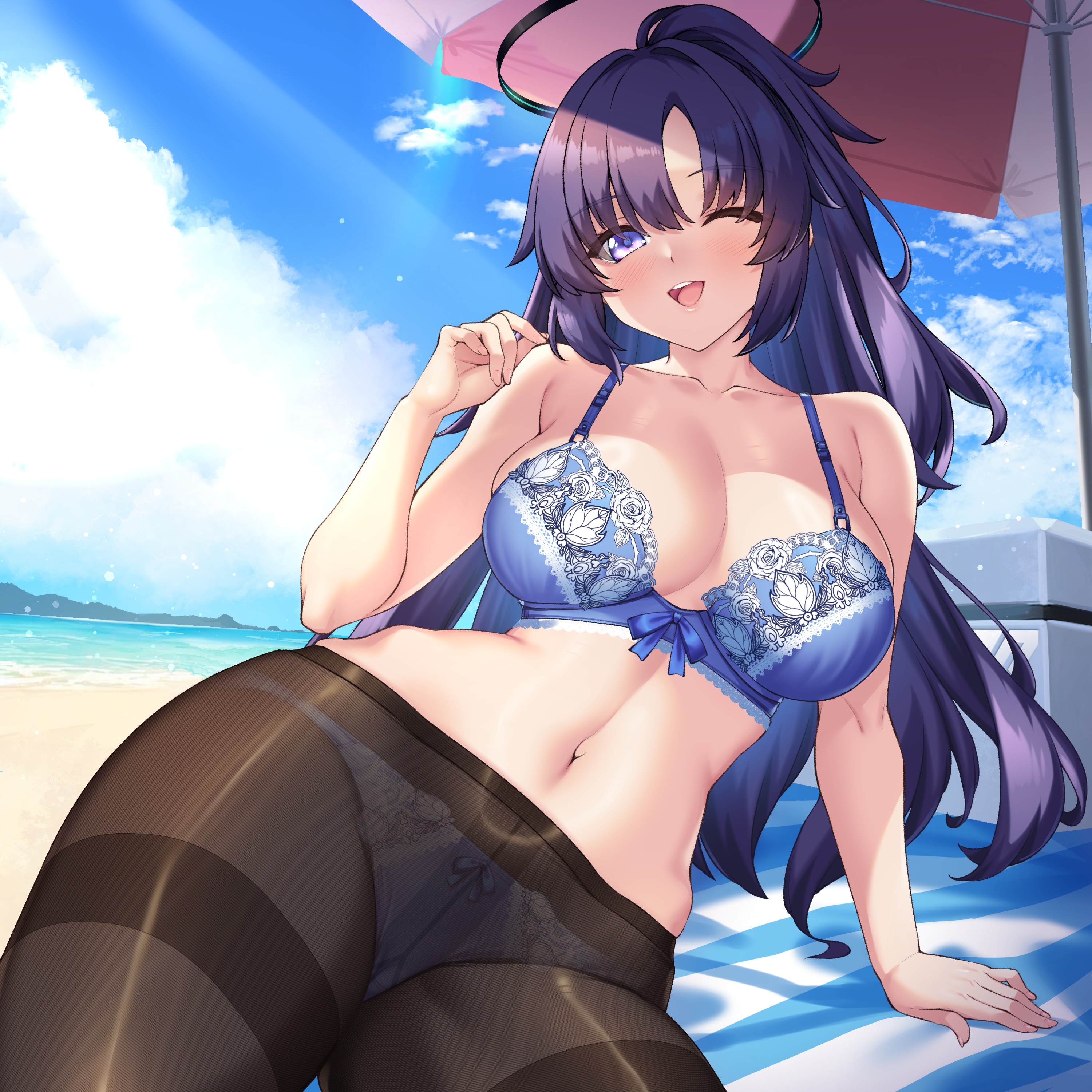 blue_archive bra cameltoe halo hayase_yuuka lingerie merufena pantsu pantyhose see_through