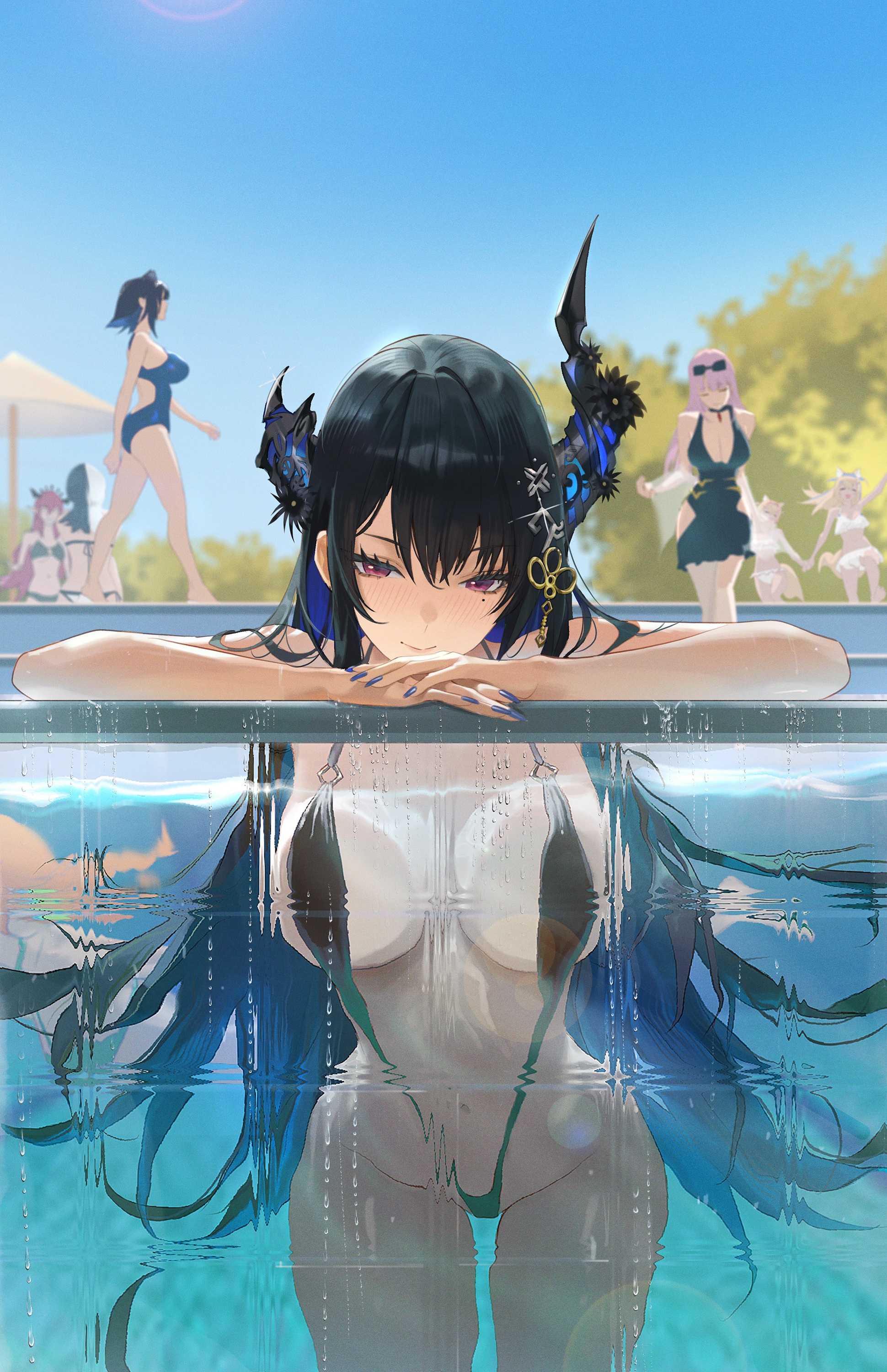 animal_ears bikini fuwawa_abyssgard hololive hololive_english horns inumimi irys_(hololive) megane mococo_abyssgard mori_calliope nerissa_ravencroft ouro_kronii pointy_ears rucarachi see_through shiori_novella sling_bikini swimsuits tail takanashi_kiara undressing wet