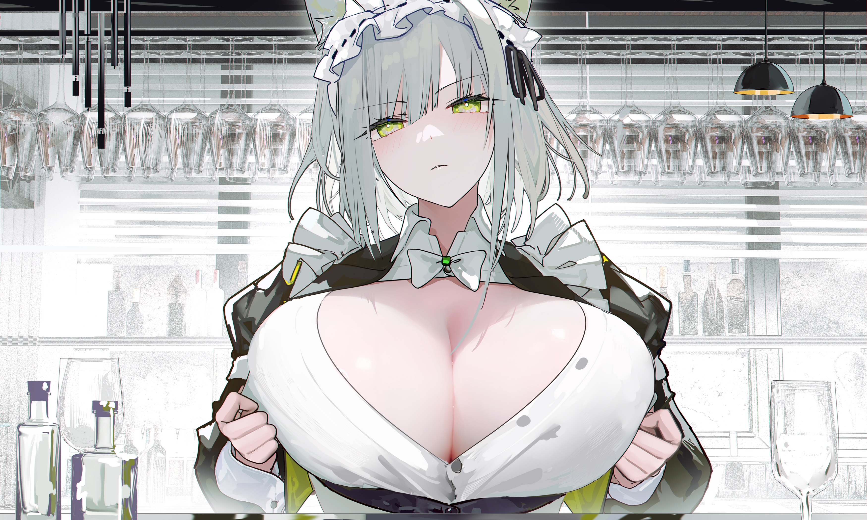 animal_ears arknights breast_hold kal'tsit_(arknights) maid no_bra omone_hokoma_agm open_shirt