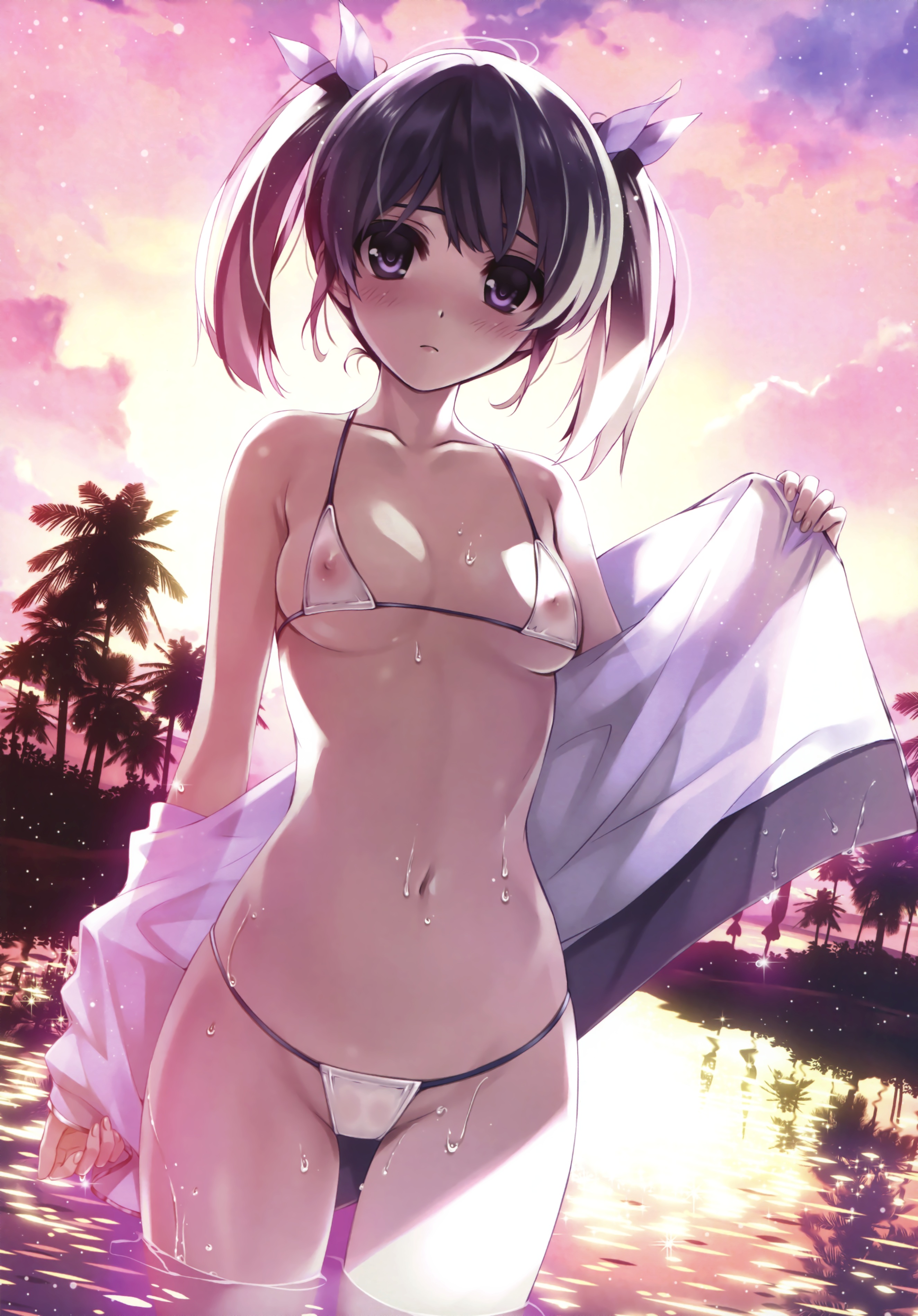 bikini comic_aun misaki_kurehito nanami_negi nipples open_shirt see_through swimsuits thong undressing wet wet_clothes