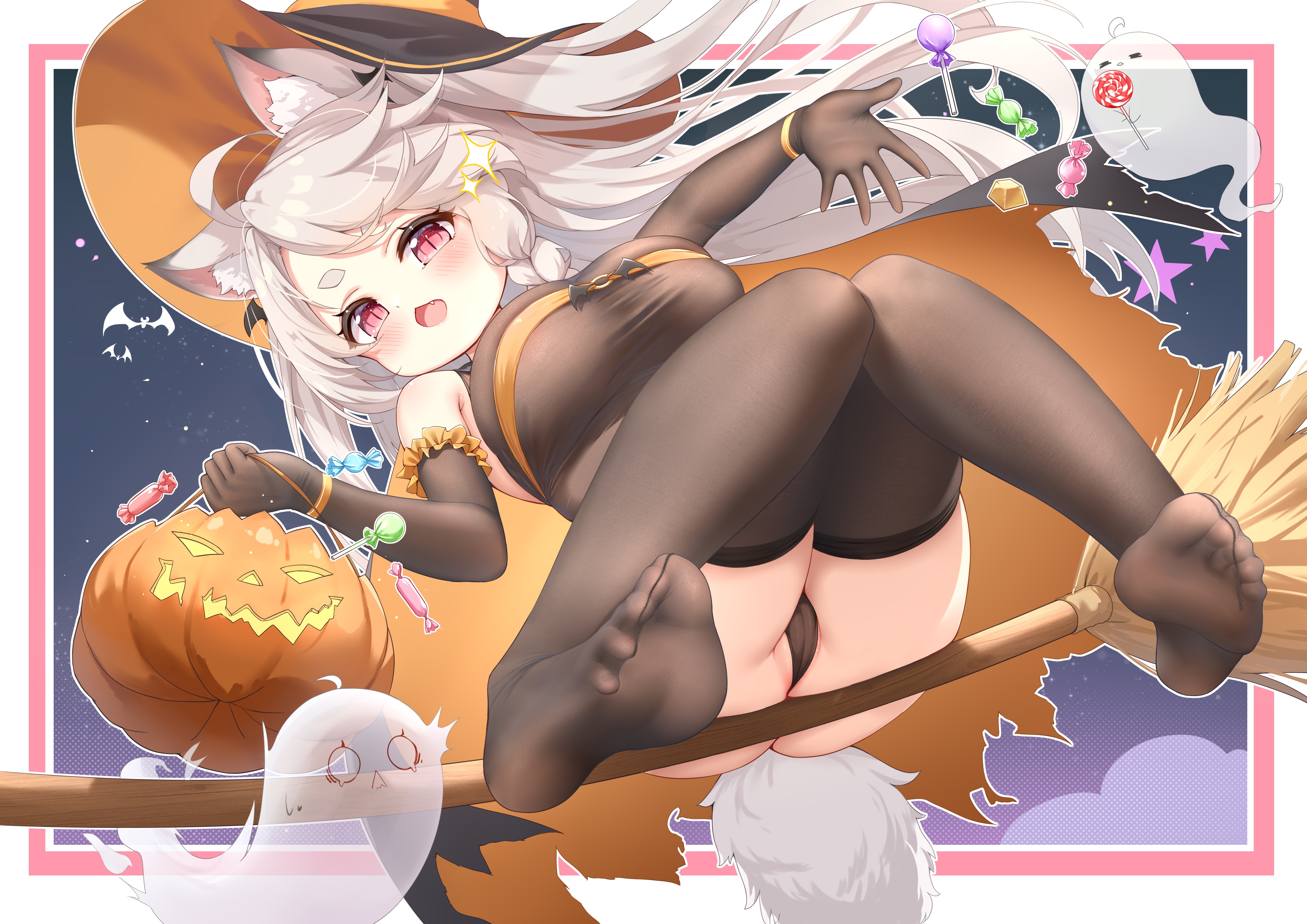 animal_ears azur_lane cameltoe feet halloween leotard qian_hen see_through tail thighhighs witch yuudachi_(azur_lane)