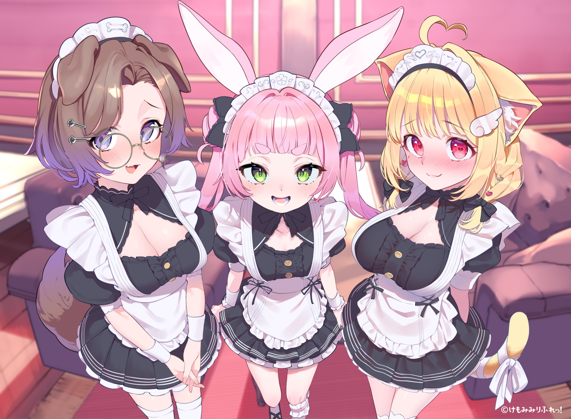 animal_ears bunny_ears inumimi kemomimi_refle! komae_nadeshiko loli maid megane nekoma_karin nekomimi no_bra sutora_binsuke tail thighhighs uno_sakura