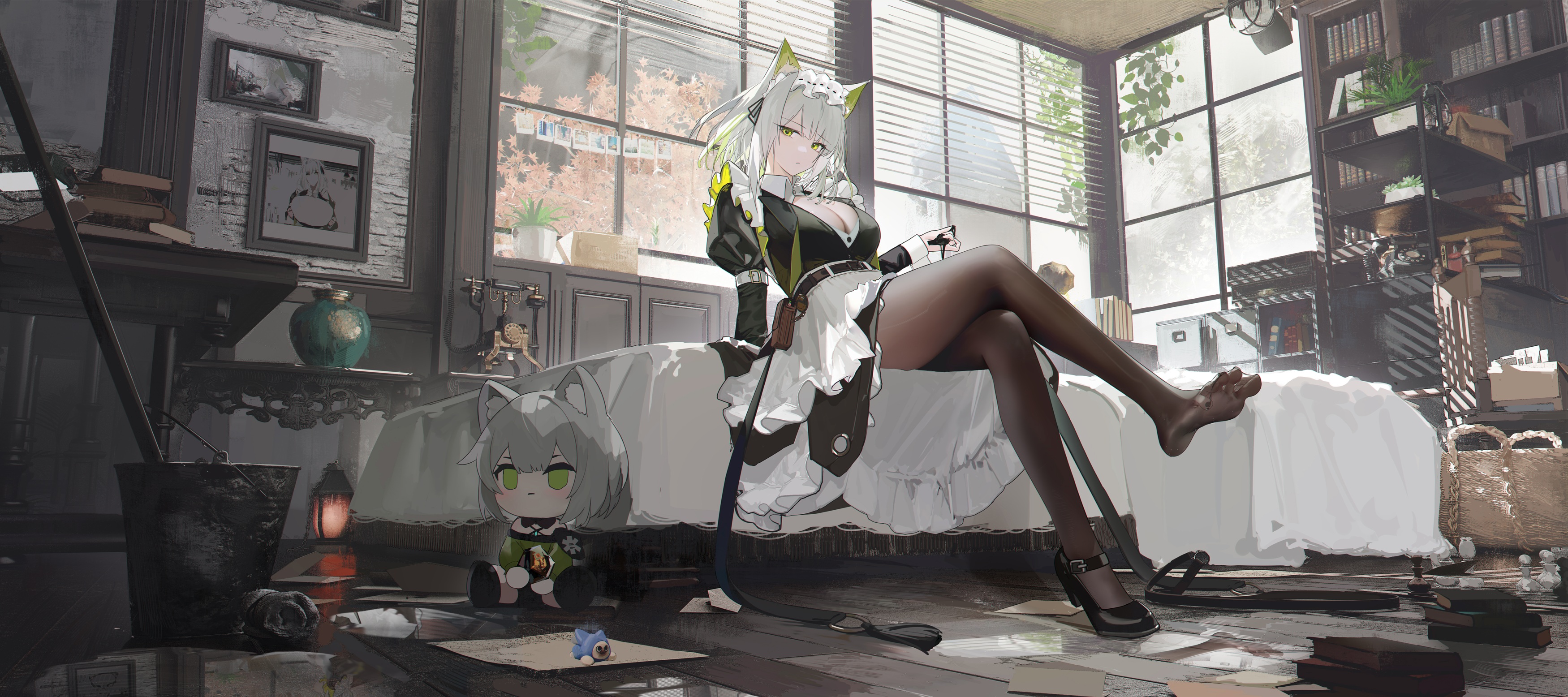animal_ears arknights chibi cleavage heels kal'tsit_(arknights) maid nekomimi omone_hokoma_agm pantyhose see_through skirt_lift