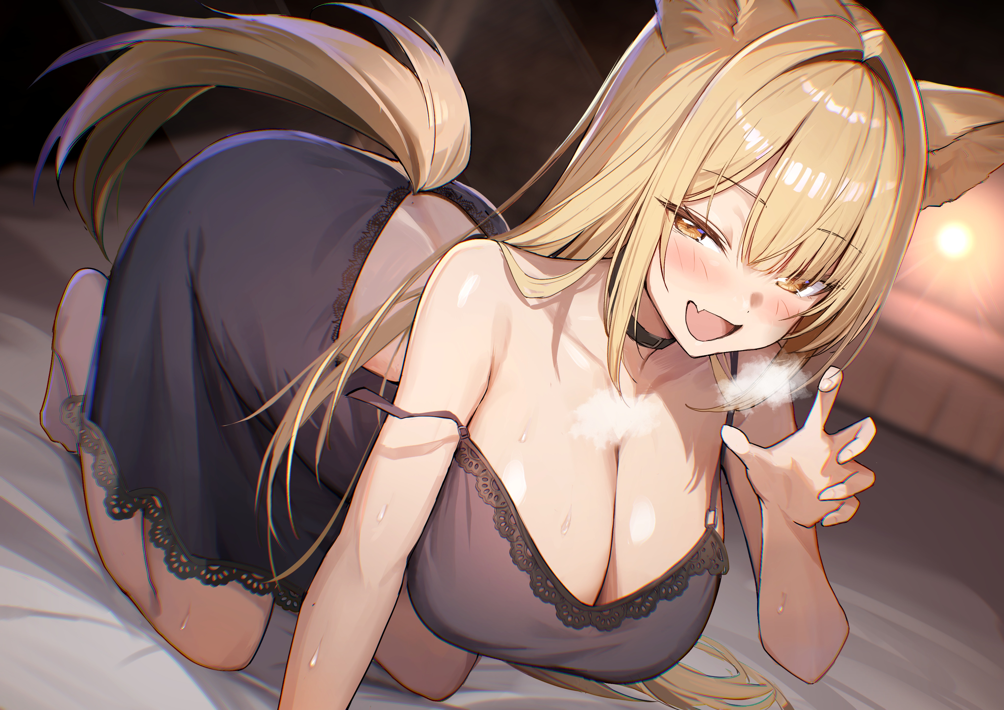 animal_ears inumimi keman lingerie no_bra tail wet