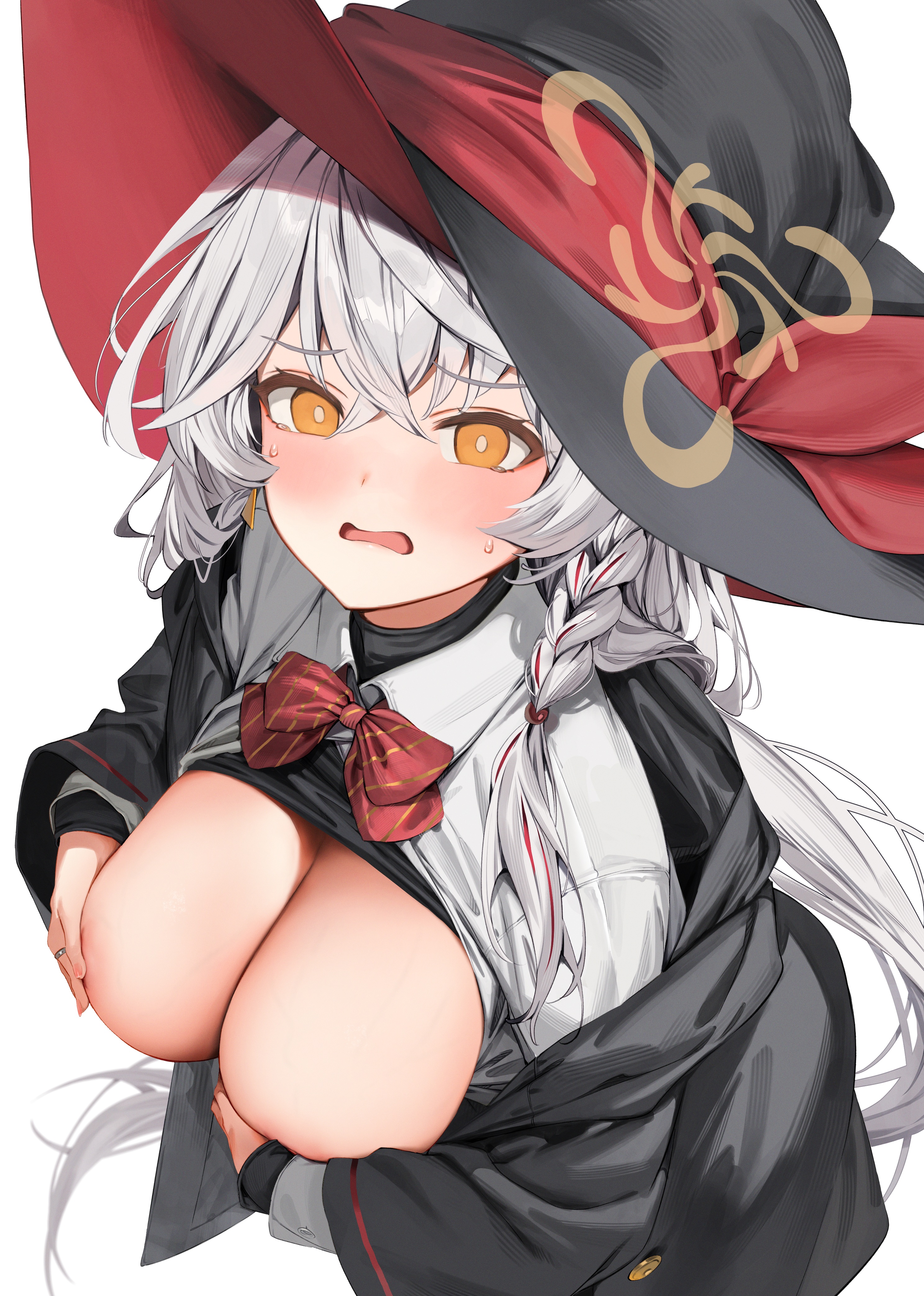 areola blue_archive breast_hold breasts halo no_bra open_shirt paseri seifuku shirao_eri shirt_lift witch