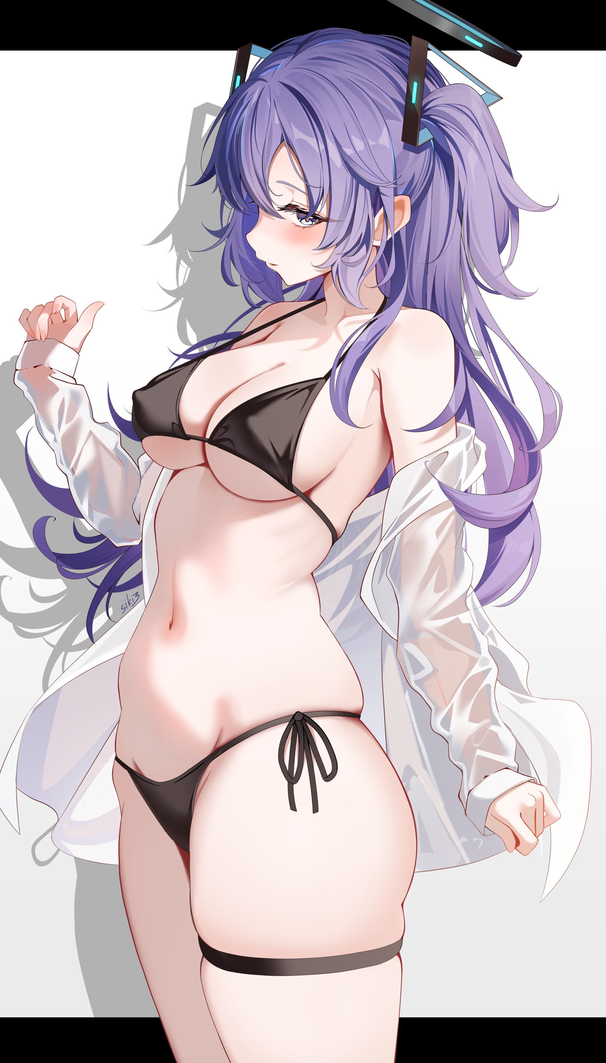 bikini blue_archive dress_shirt erect_nipples garter halo hayase_yuuka open_shirt see_through sikimosh swimsuits